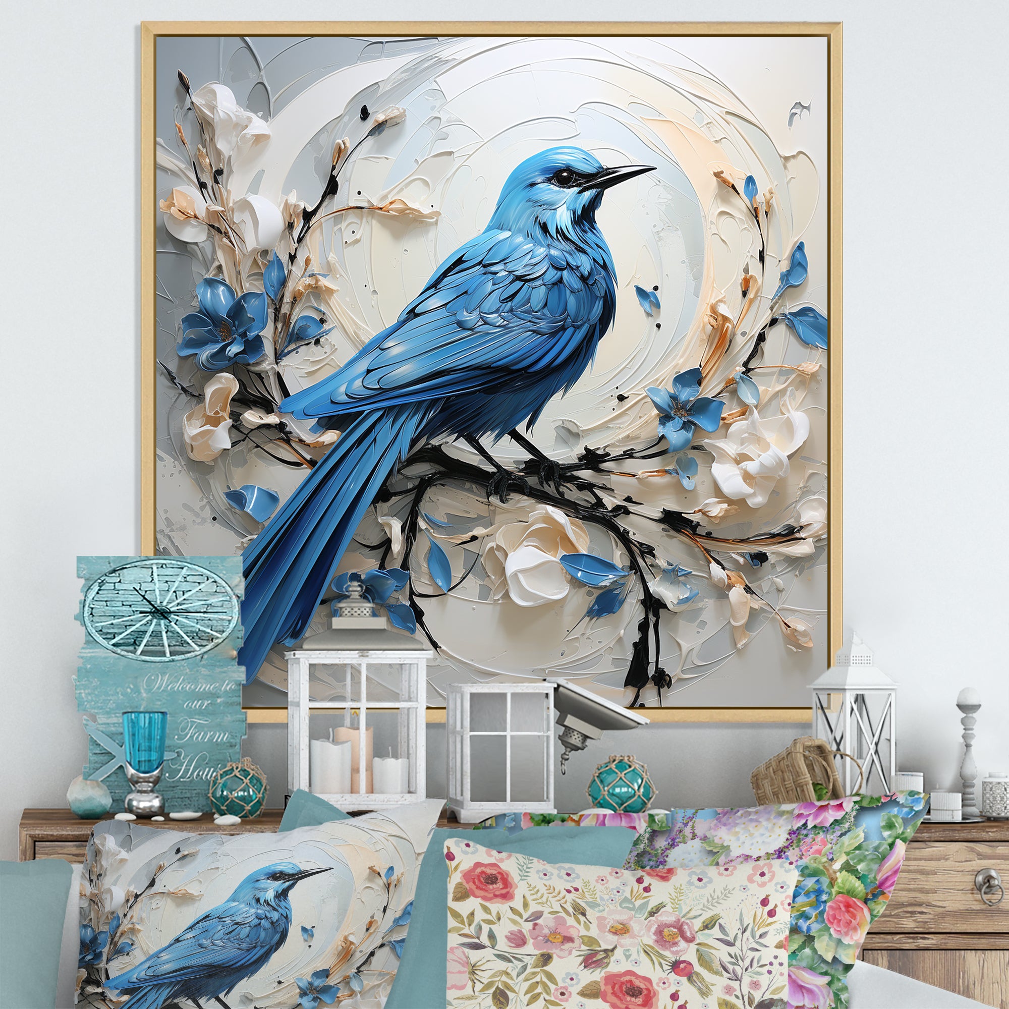 Blue Bird Minimalism White And Blue Flowers - Bird Floral Framed Canvas Art