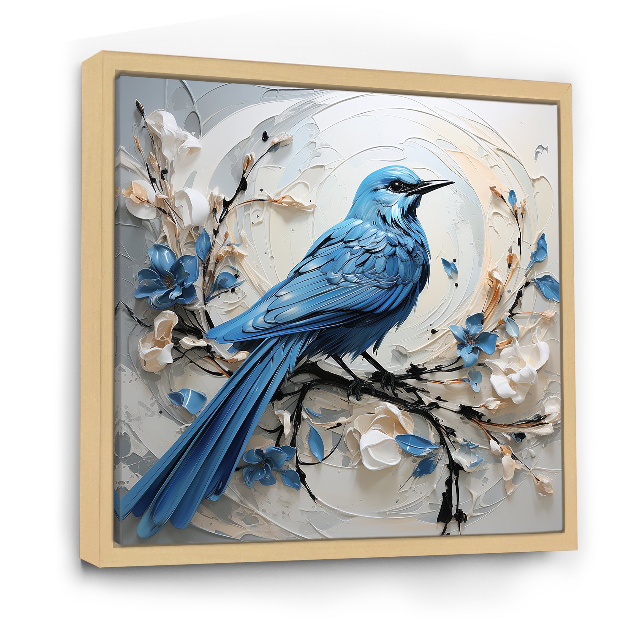 Blue Bird Minimalism White And Blue Flowers - Bird Floral Framed Canvas Art