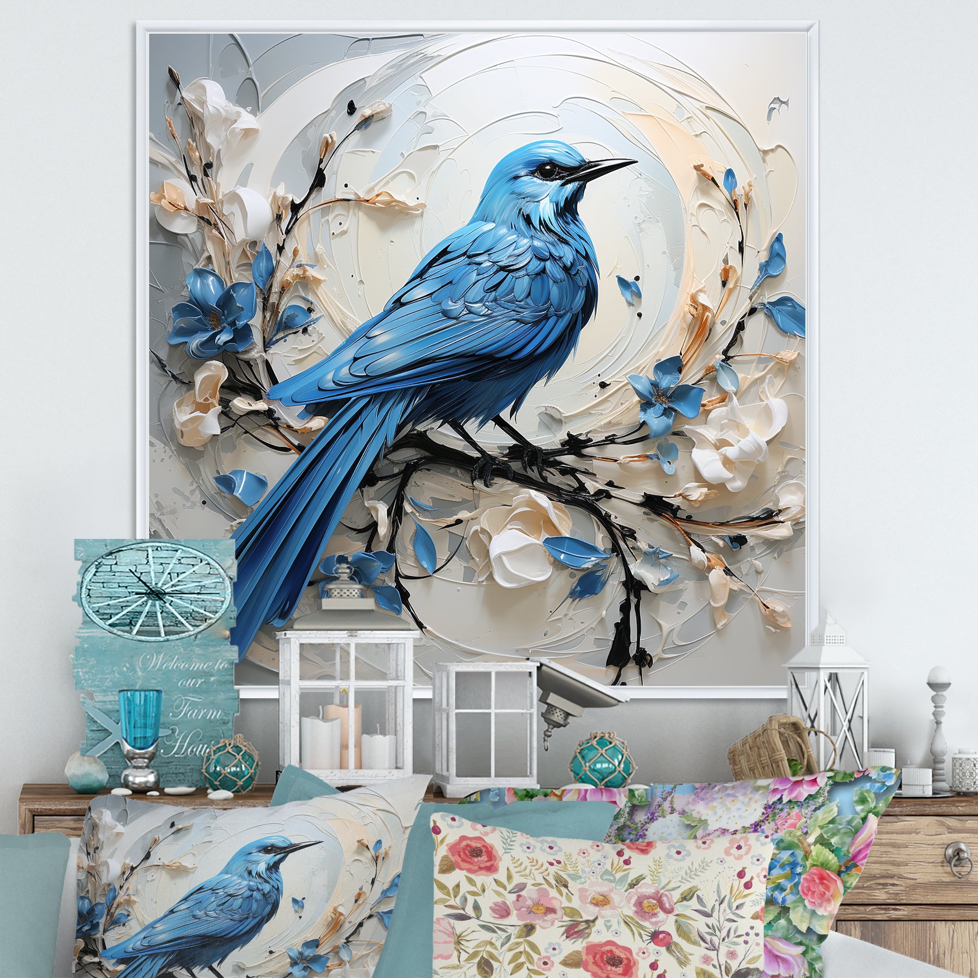 Blue Bird Minimalism White And Blue Flowers - Bird Floral Framed Canvas Art