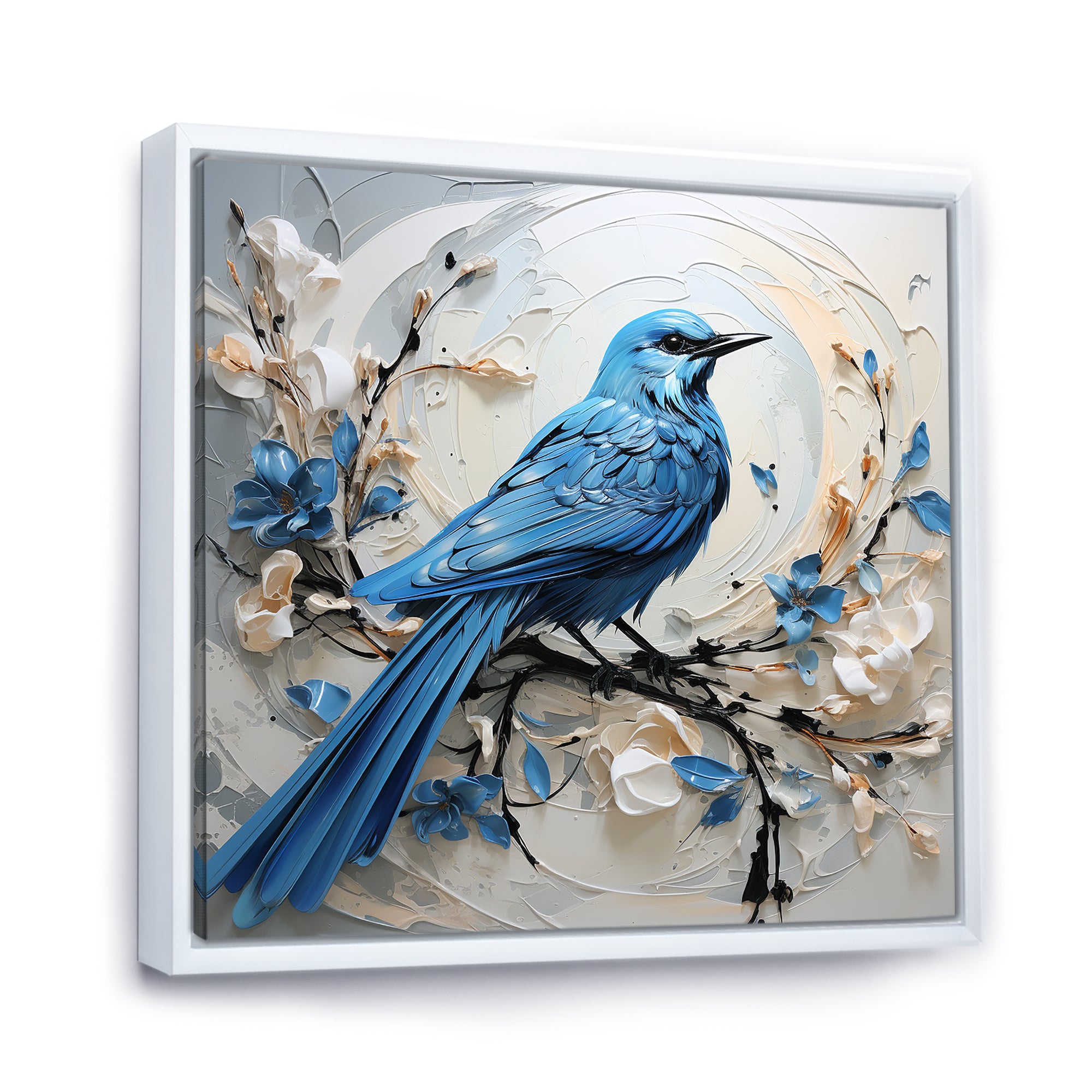 Blue Bird Minimalism White And Blue Flowers - Bird Floral Framed Canvas Art