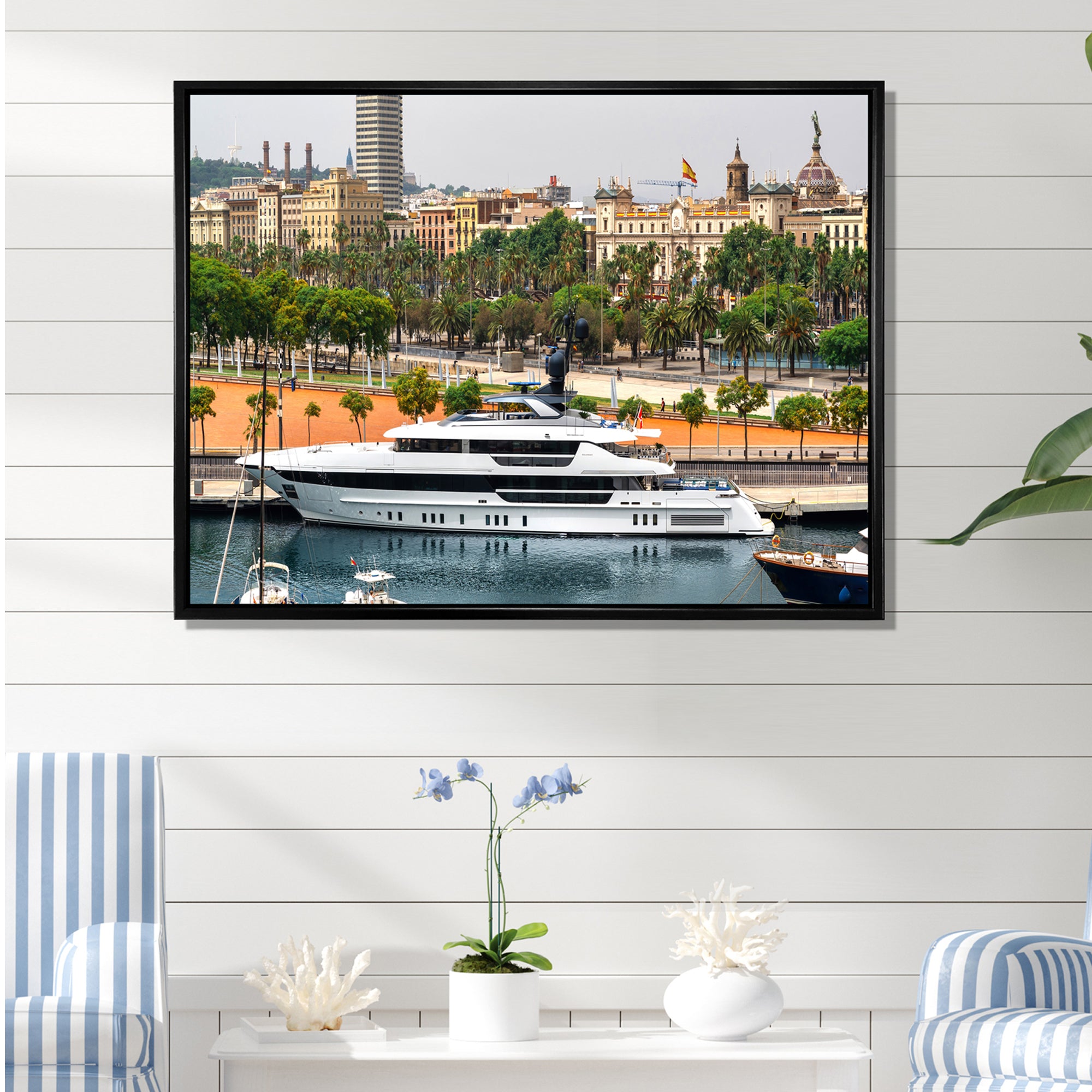 Docked Yacht In Mediterranean Sea Port - Boat Canvas Wall Art