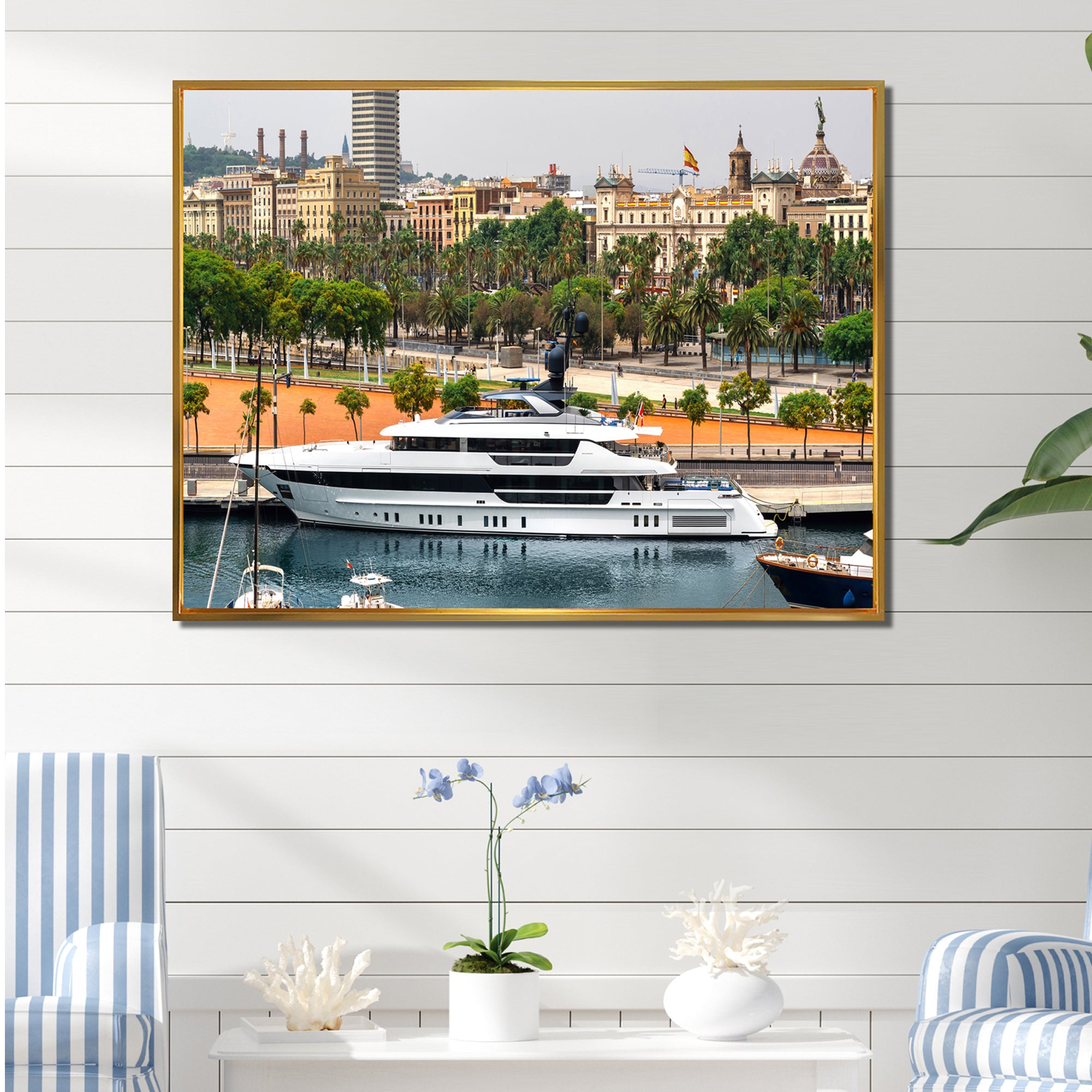 Docked Yacht In Mediterranean Sea Port - Boat Canvas Wall Art