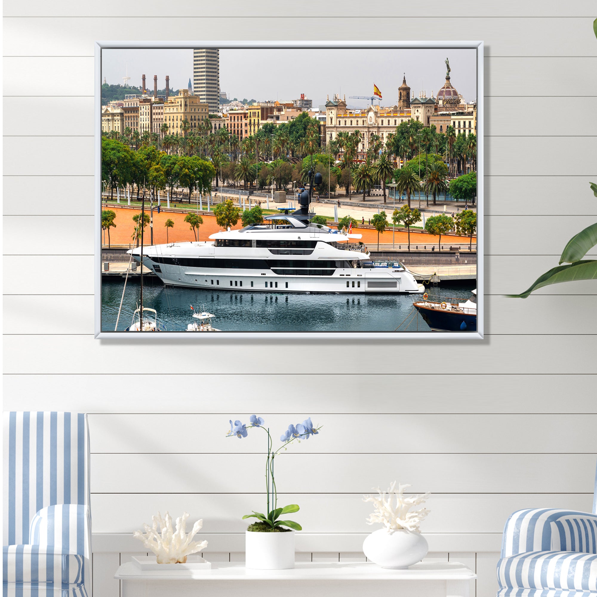 Docked Yacht In Mediterranean Sea Port - Boat Canvas Wall Art