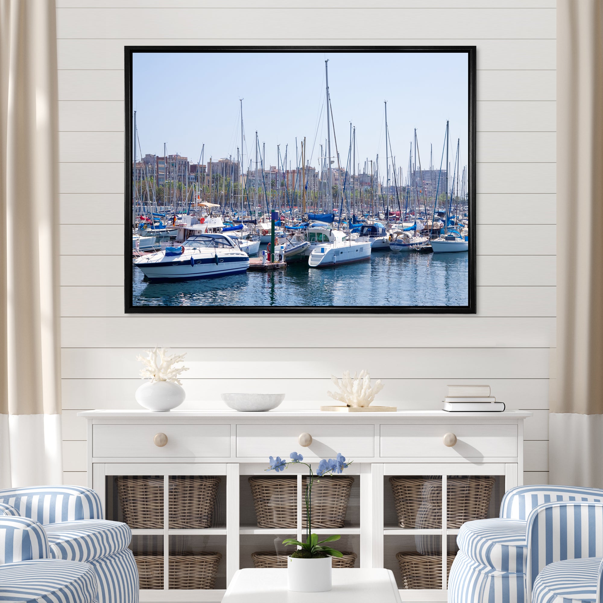 Yachts Docked At Port Vell - Boat Canvas Wall Art