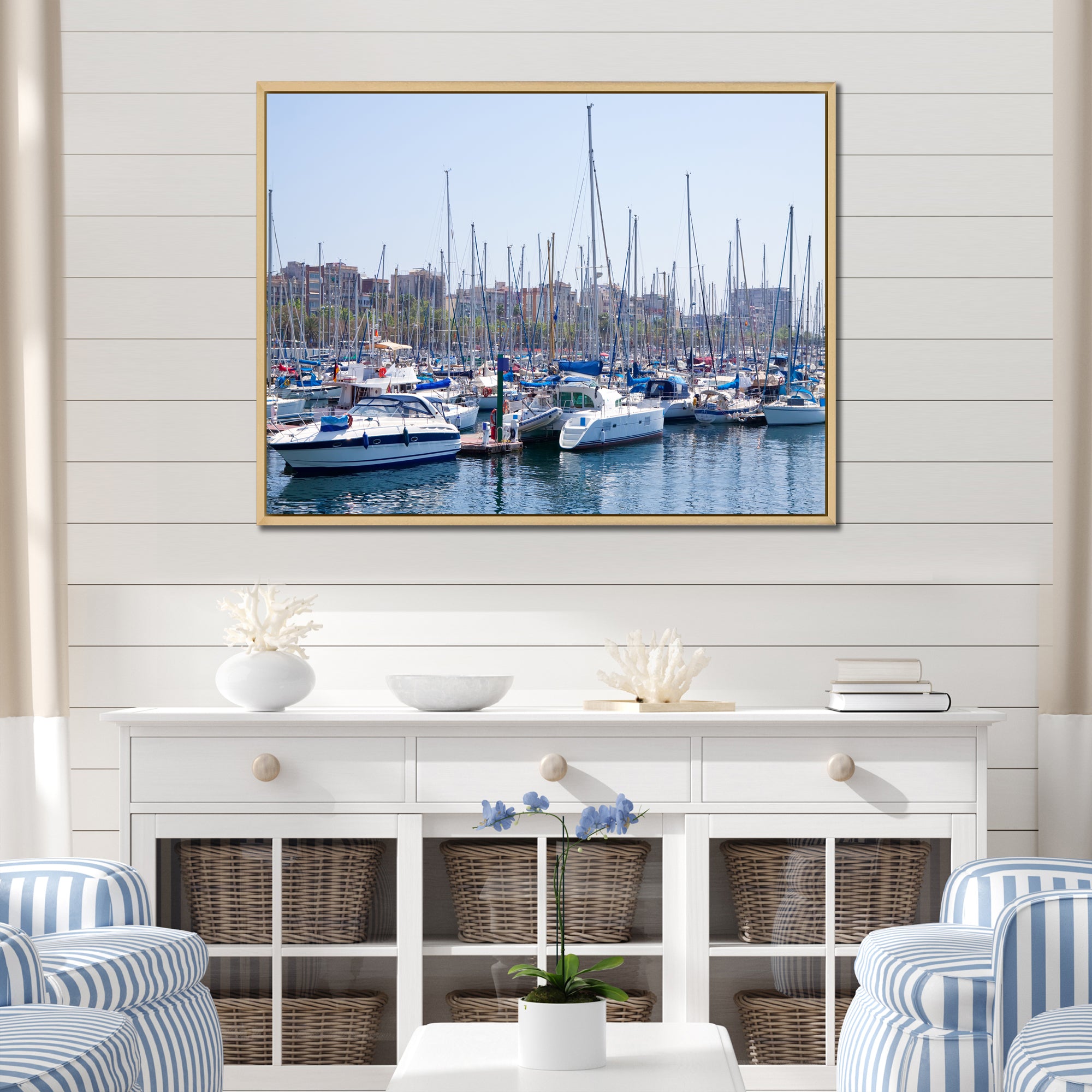 Yachts Docked At Port Vell - Boat Canvas Wall Art