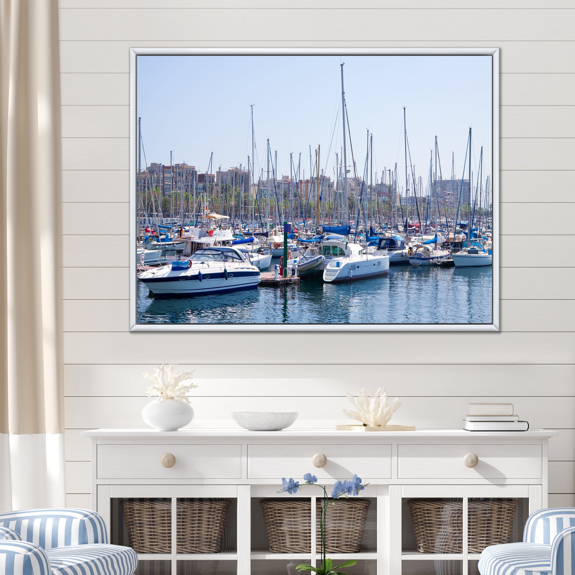 Yachts Docked At Port Vell - Boat Canvas Wall Art