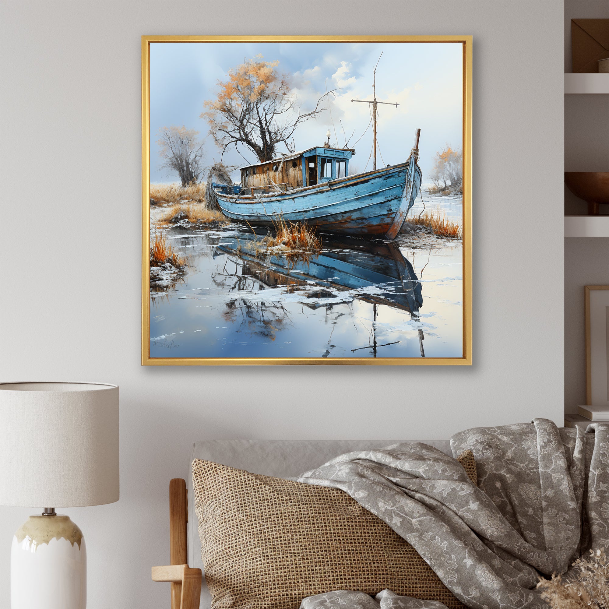Boat Fishing Charm In Winter - Boat Fishing Canvas Wall Art