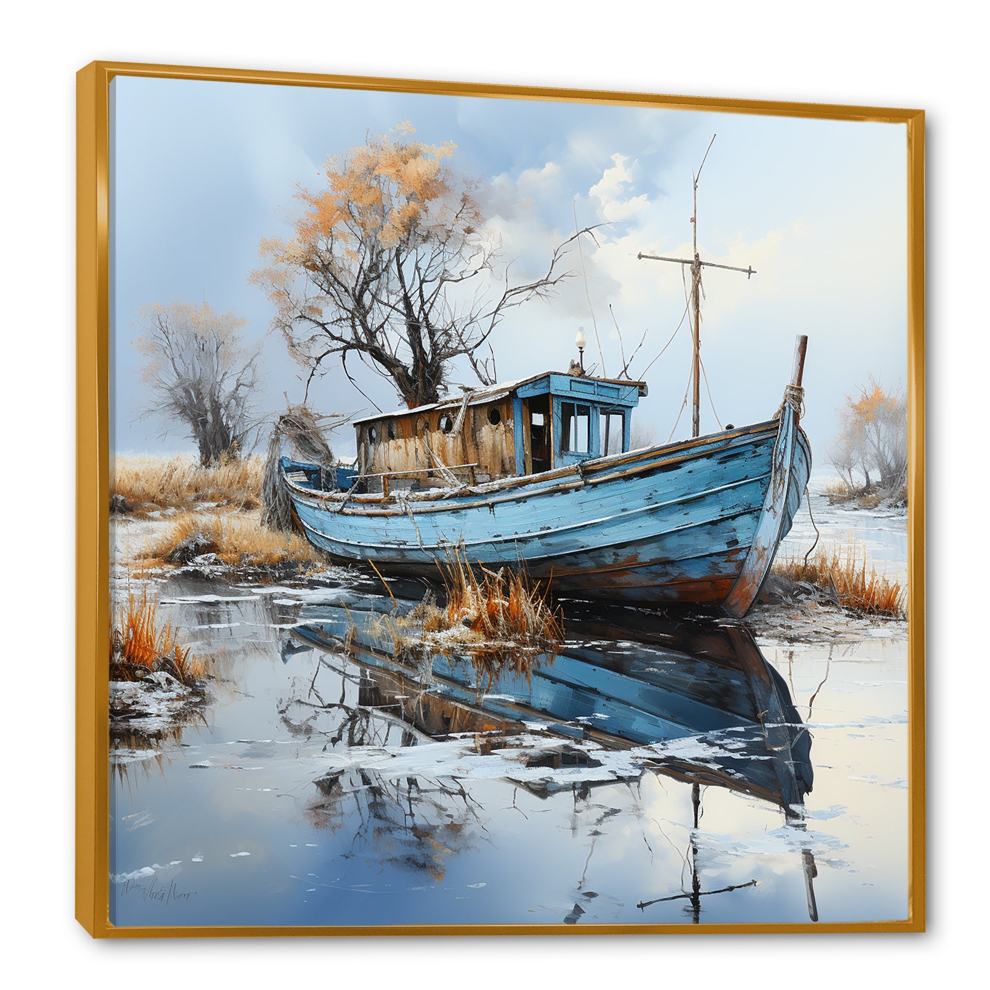 Boat Fishing Charm In Winter - Boat Fishing Canvas Wall Art