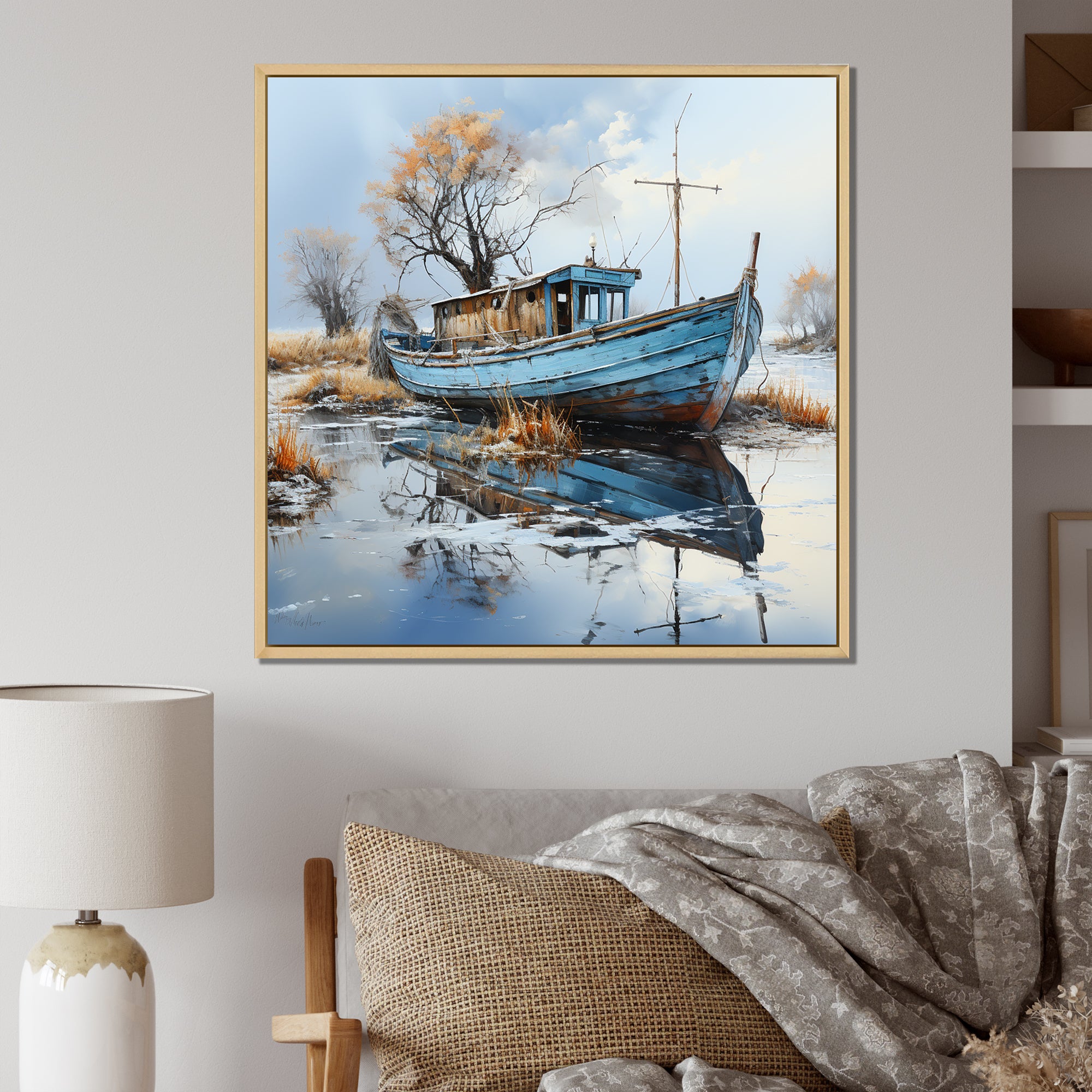 Boat Fishing Charm In Winter - Boat Fishing Canvas Wall Art