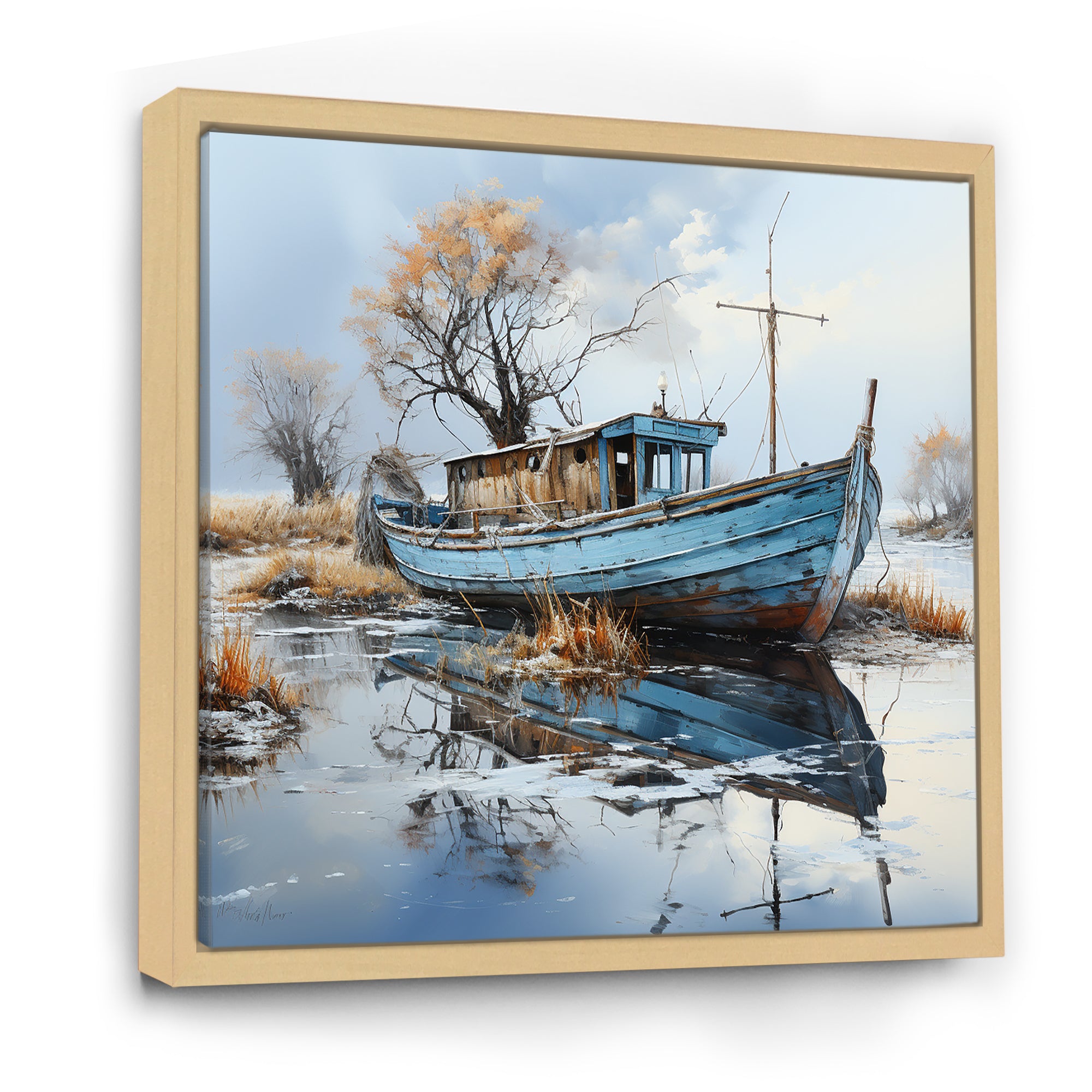 Boat Fishing Charm In Winter - Boat Fishing Canvas Wall Art