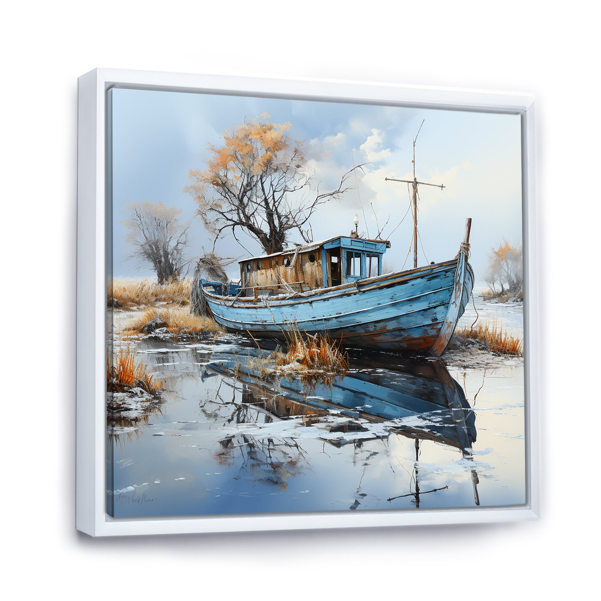 Boat Fishing Charm In Winter - Boat Fishing Canvas Wall Art