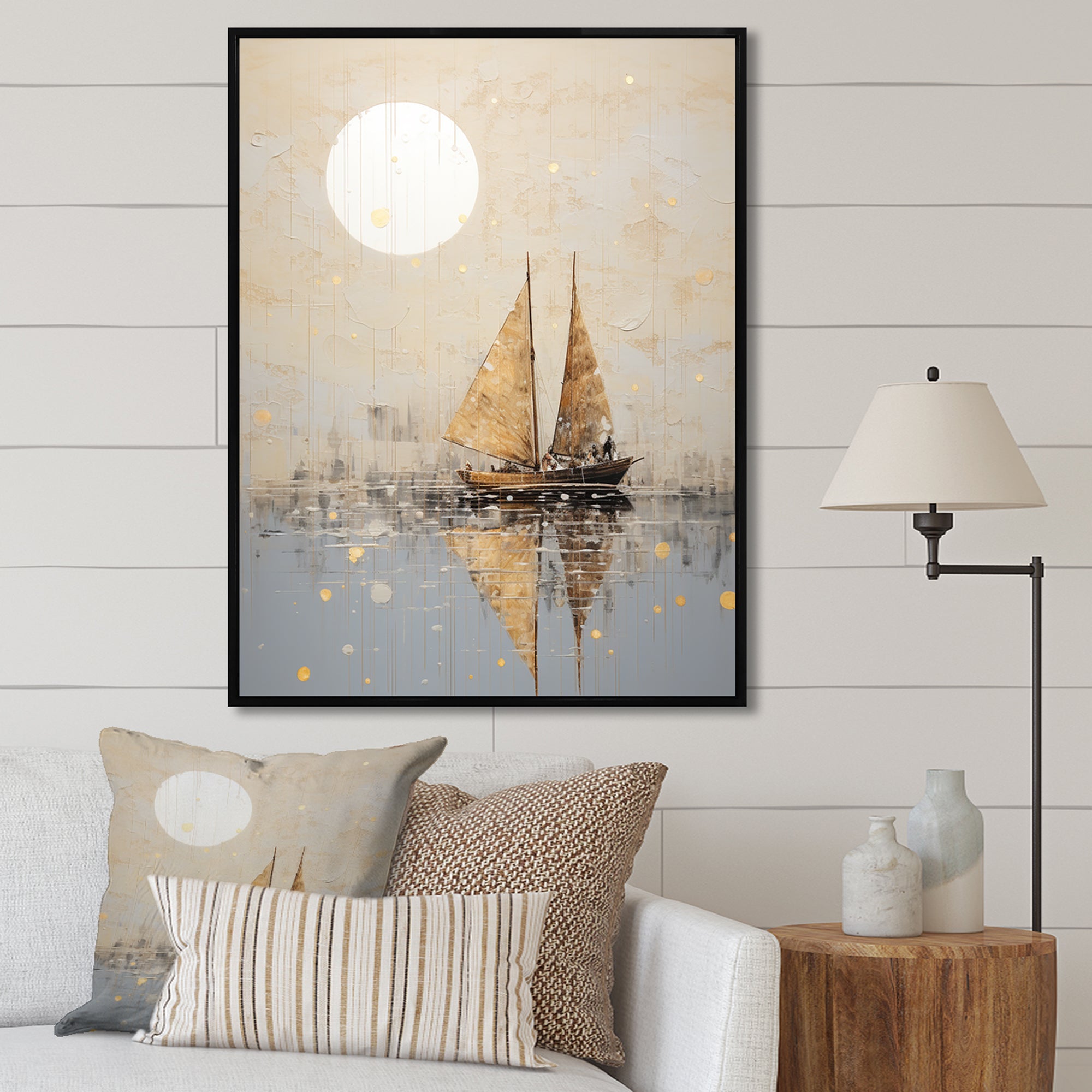 Minimalism Gold And Grey Boat Fishing - Boat Fishing Canvas Wall Art
