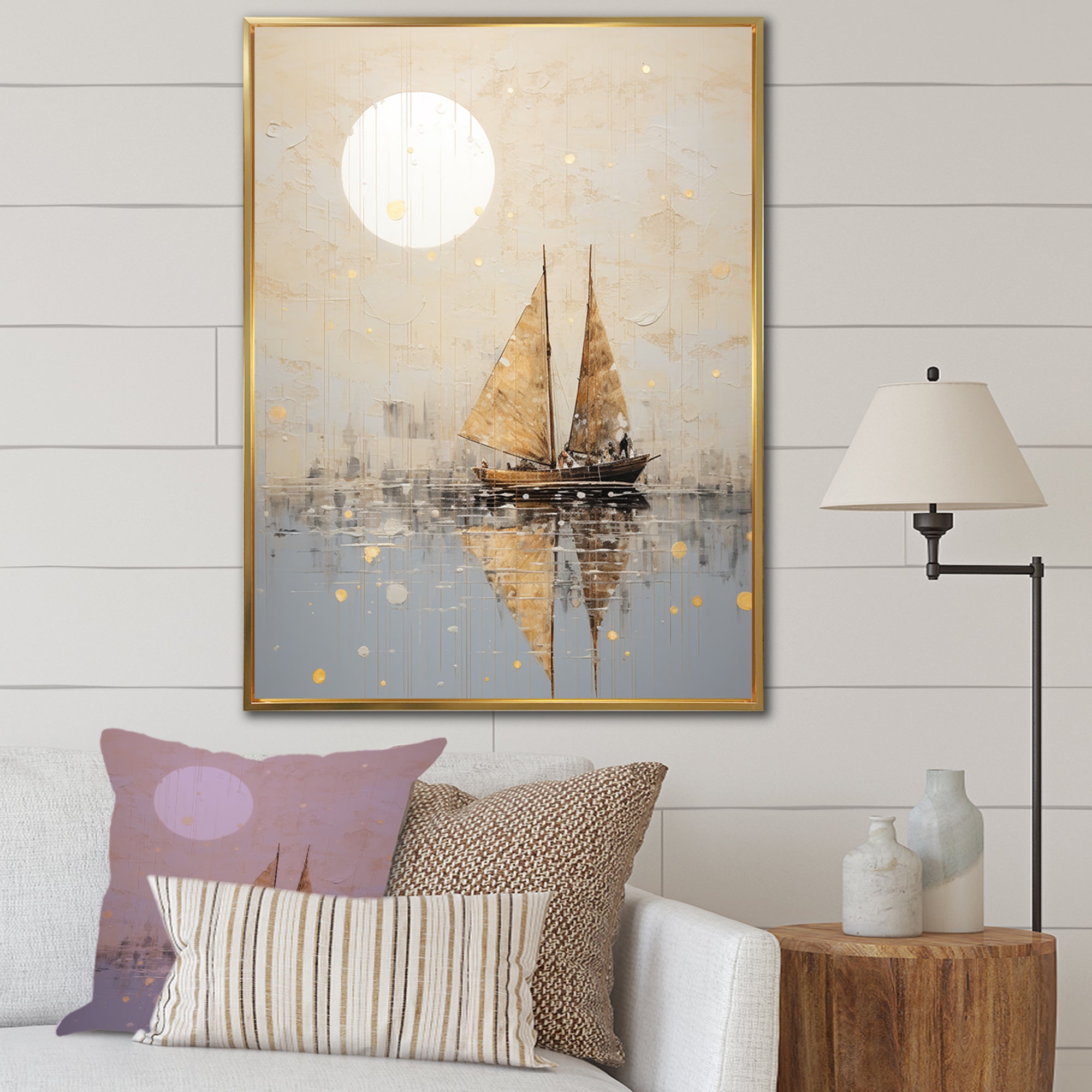 Minimalism Gold And Grey Boat Fishing - Boat Fishing Canvas Wall Art