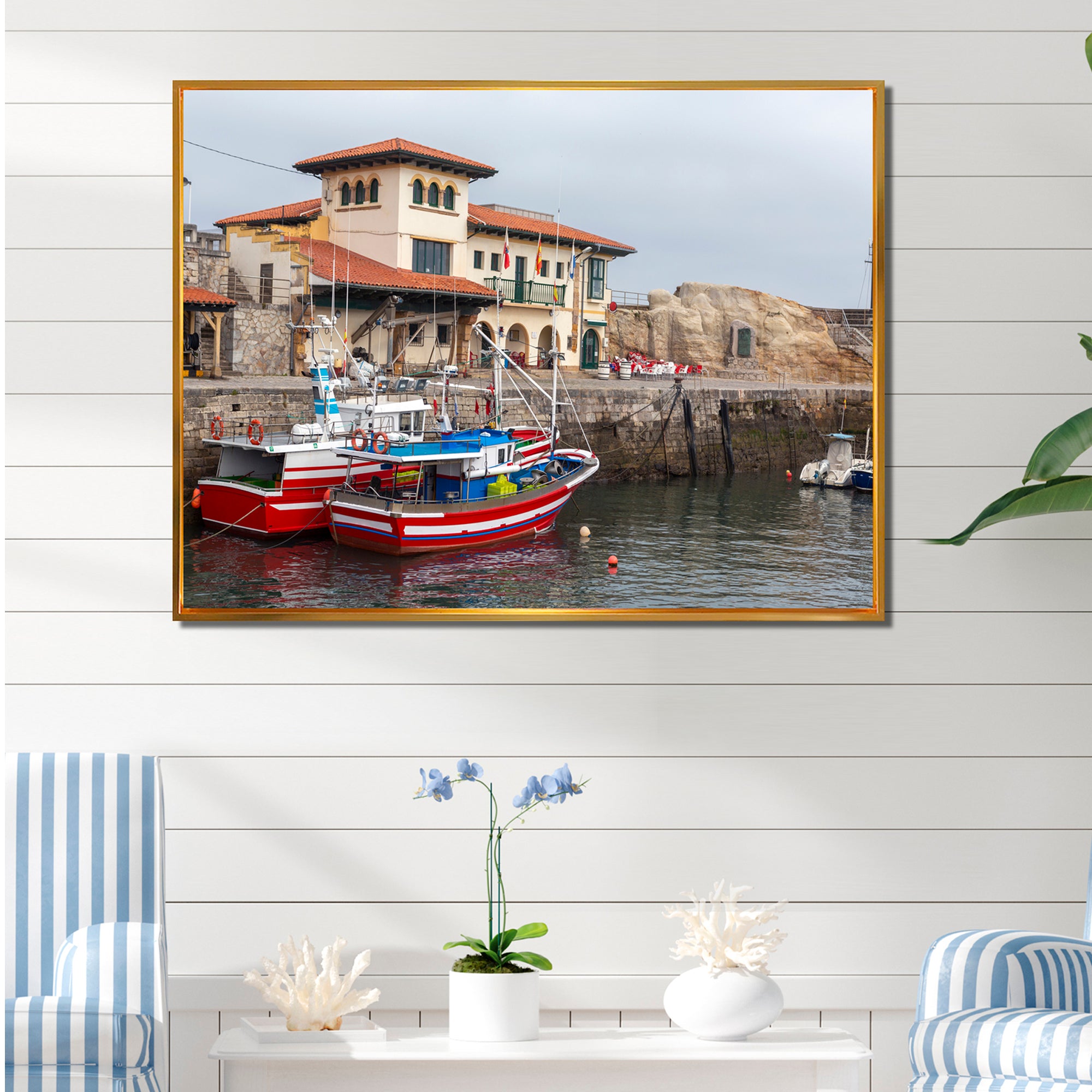 Fishing Boats At Spanish Port Comilla's Cantabria - Boat Fishing Canvas Wall Art