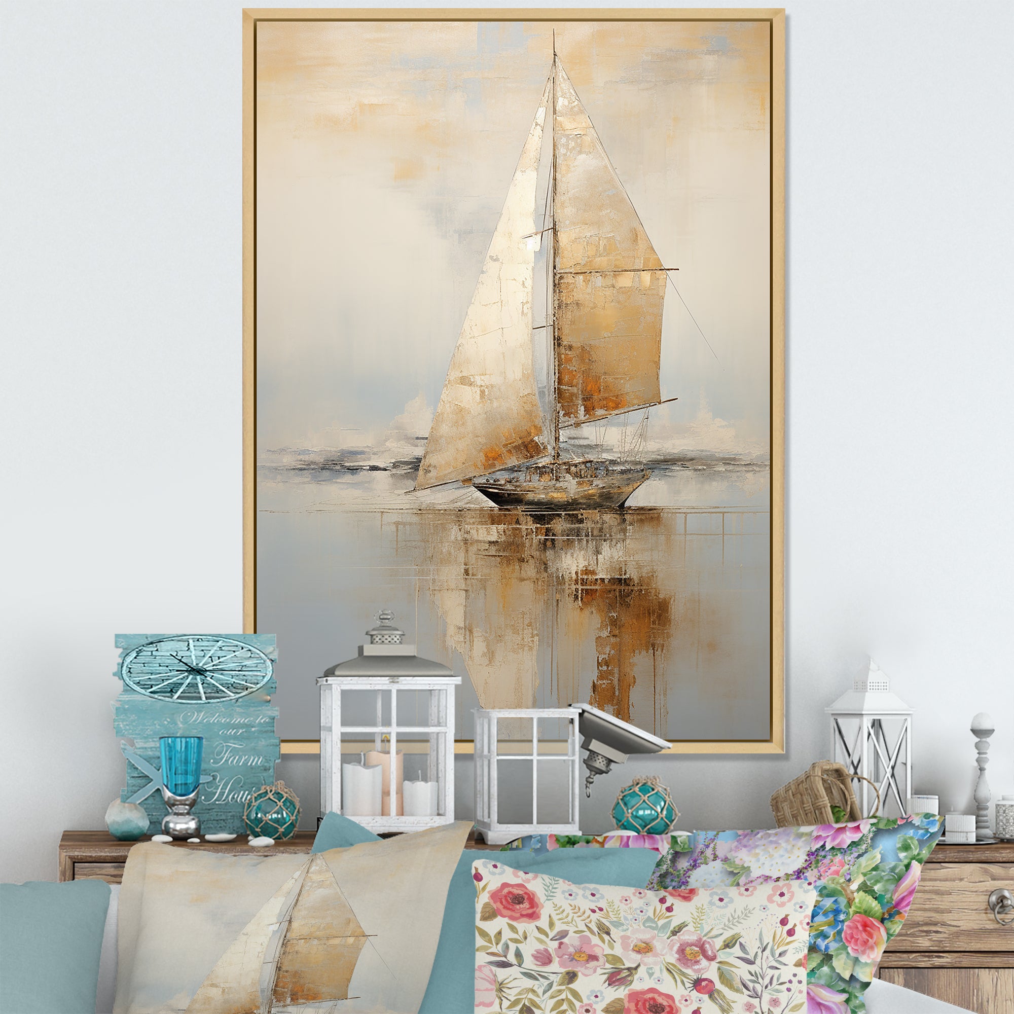 Gold Sailing Charm In The Morning Mist - Boat Sailing Canvas Wall Art
