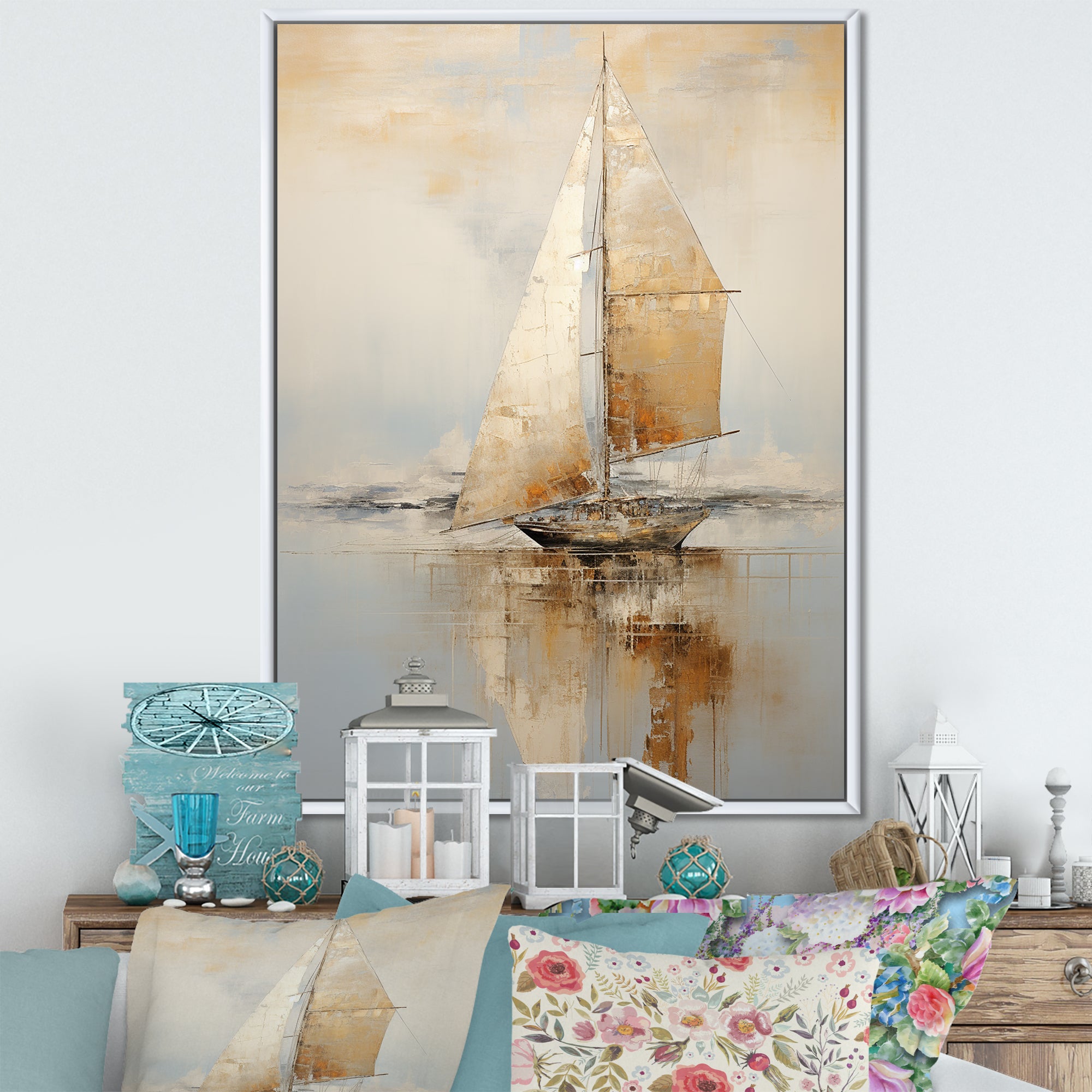 Gold Sailing Charm In The Morning Mist - Boat Sailing Canvas Wall Art