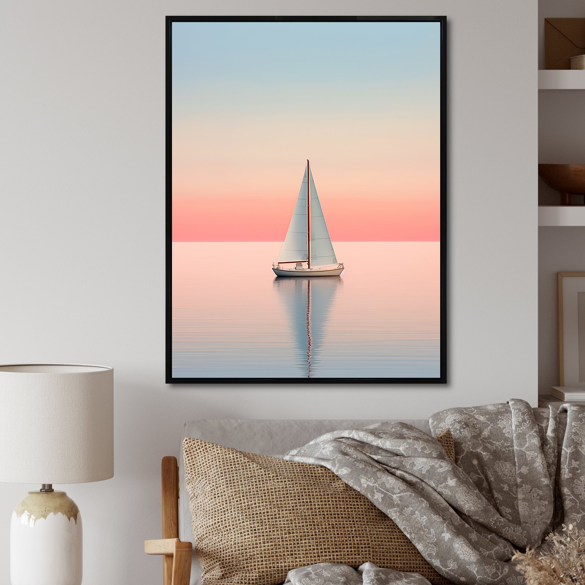 Blue And Pink Sailing Boat Calm Horizon - Boat Sailing Canvas Wall Art