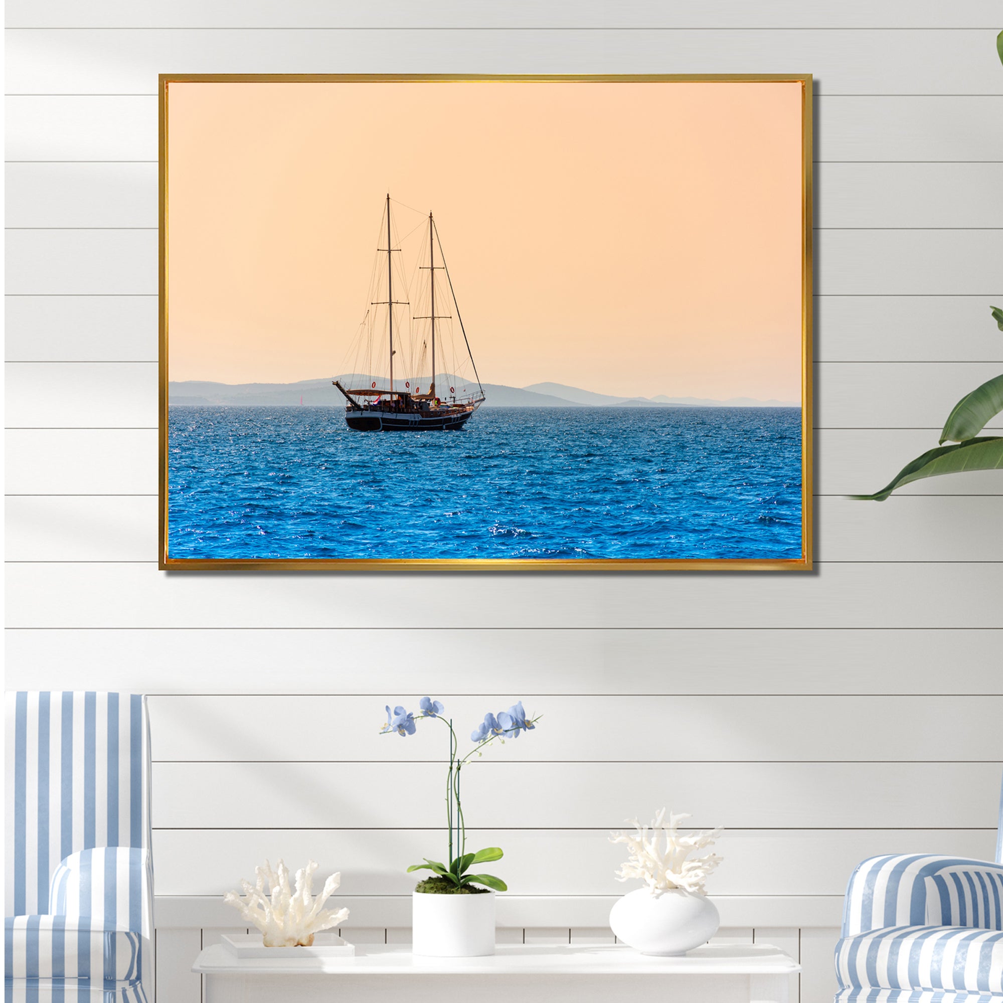 Lonely Sailboat Sails Sea Dawn - Boat Sailing Canvas Wall Art