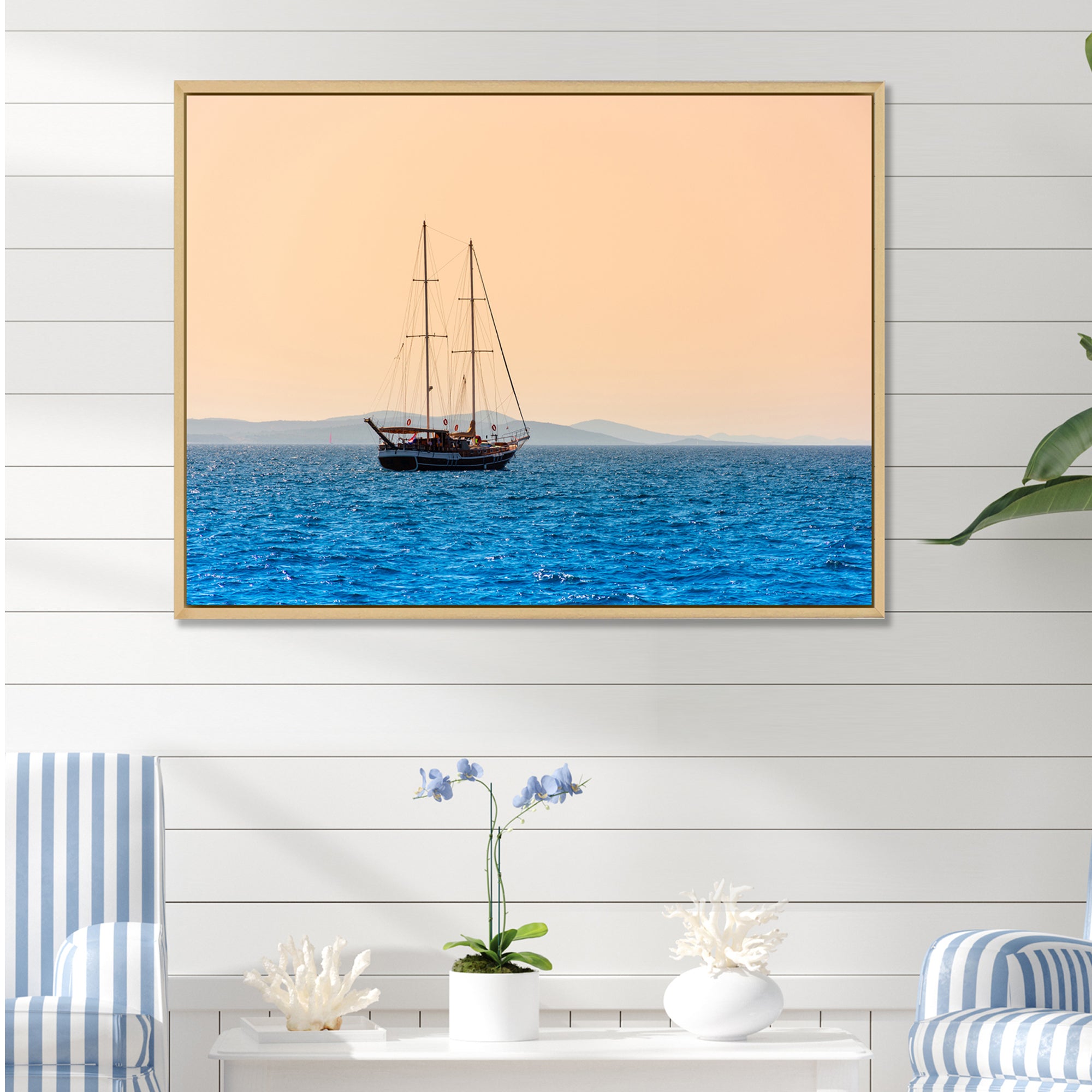 Lonely Sailboat Sails Sea Dawn - Boat Sailing Canvas Wall Art