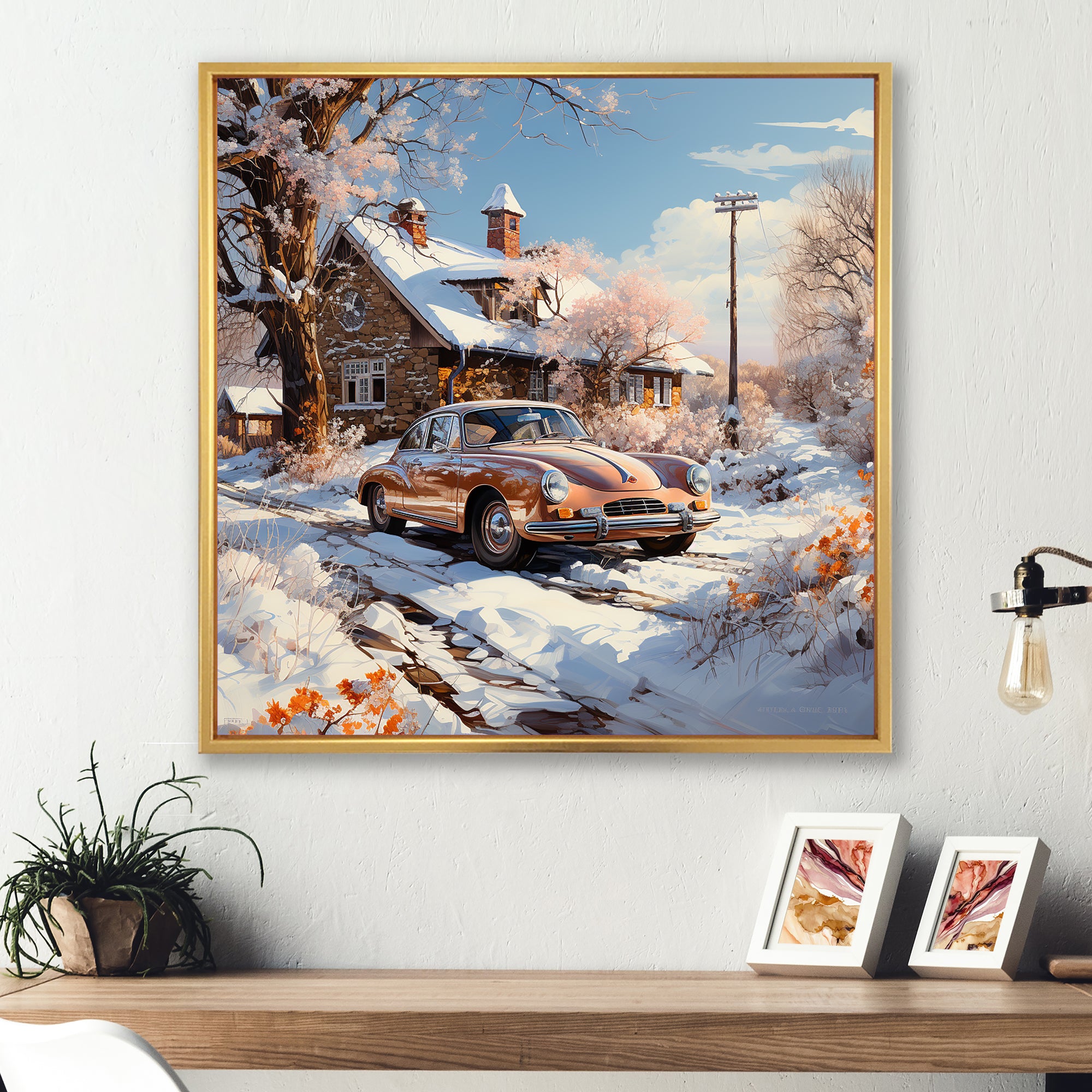 Vintage Car Charm In Winter - Car Exotic Canvas Wall Art