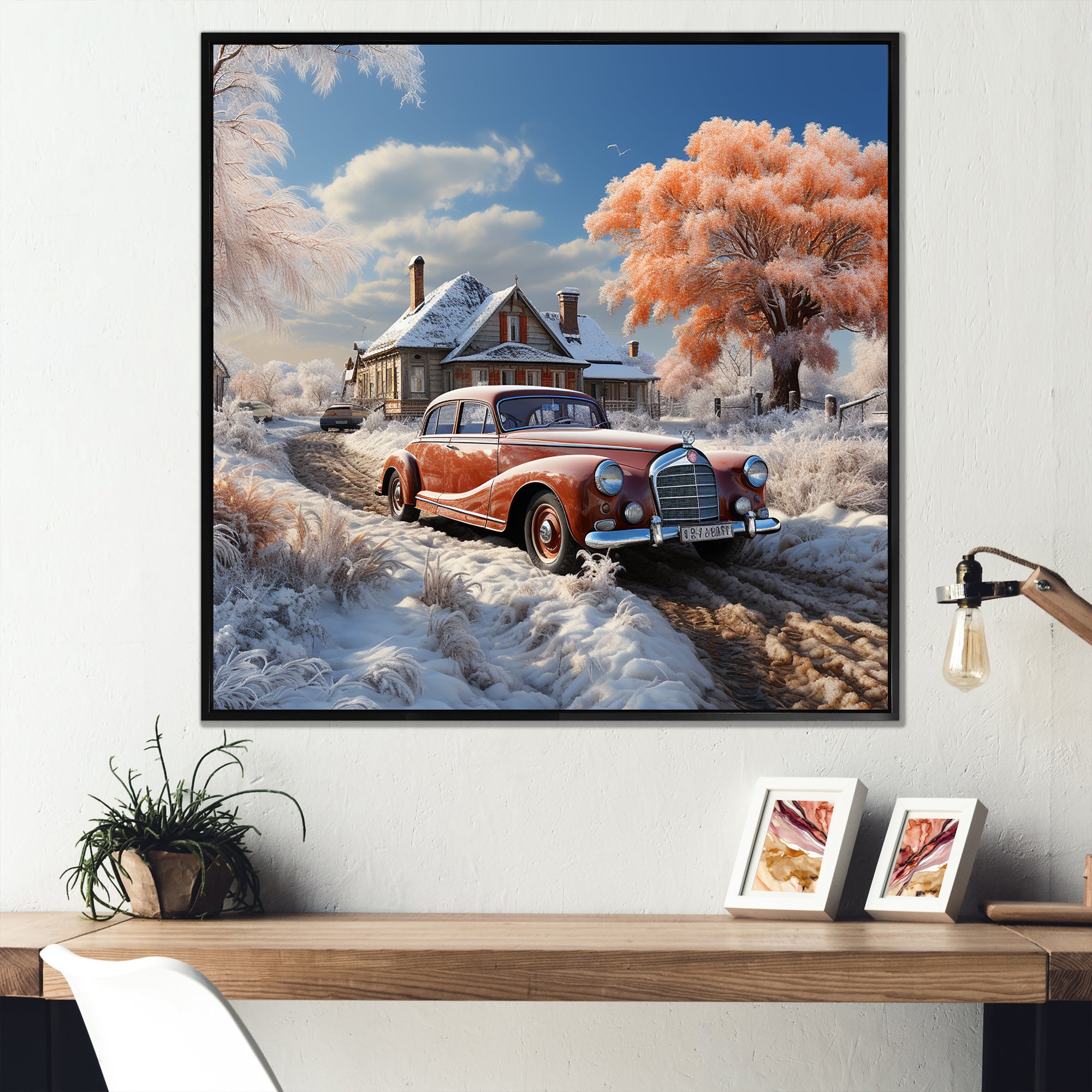 1950s Car Charm In Winter - Car Exotic Canvas Wall Art