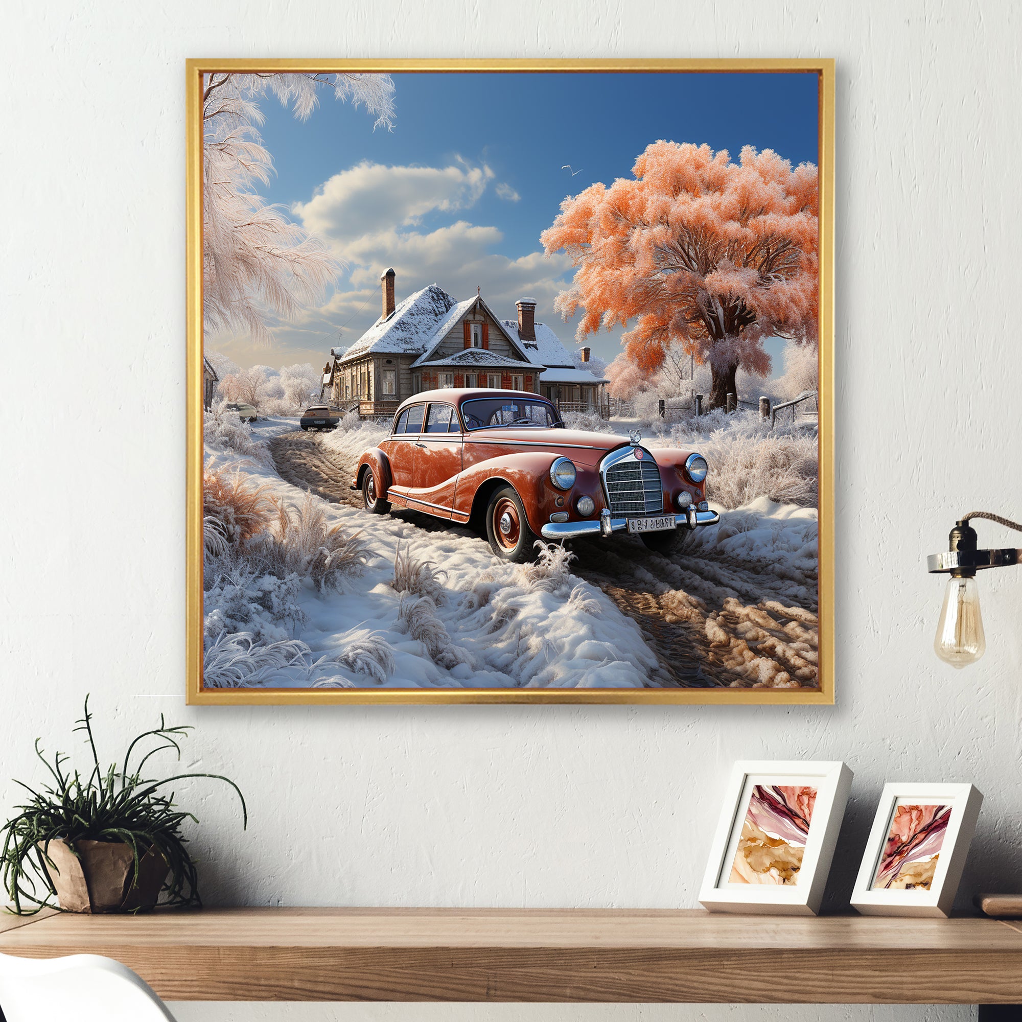 1950s Car Charm In Winter - Car Exotic Canvas Wall Art