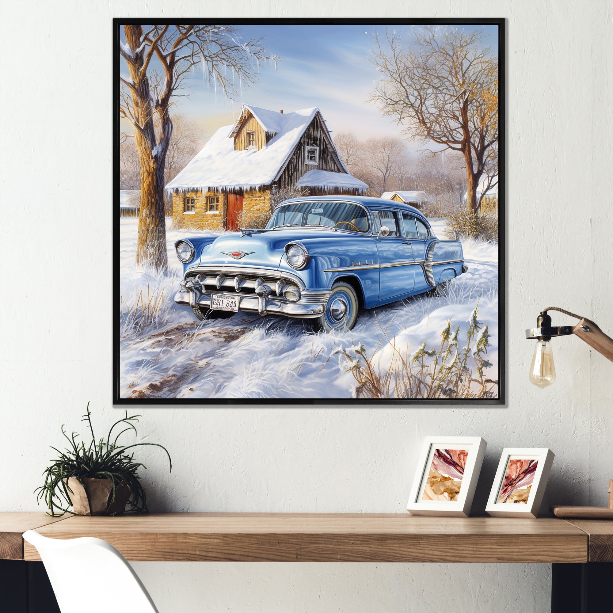 Old American Car Charm In Winter - Car Old American Canvas Wall Art