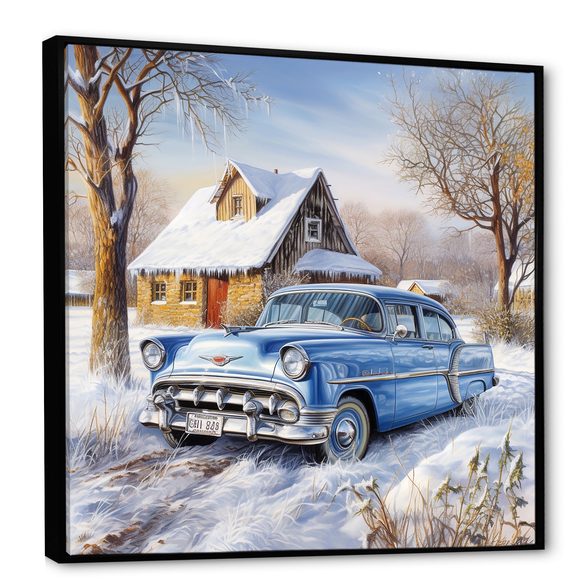 Old American Car Charm In Winter - Car Old American Canvas Wall Art