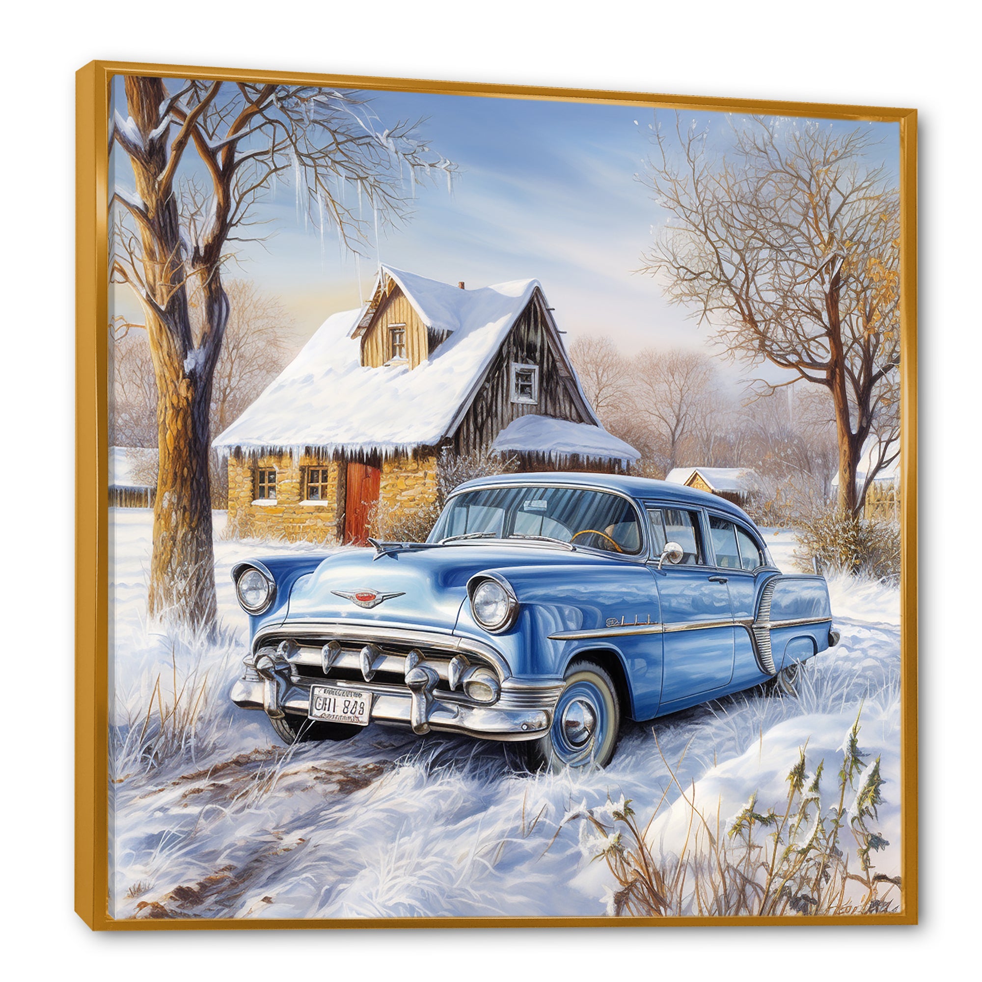 Old American Car Charm In Winter - Car Old American Canvas Wall Art
