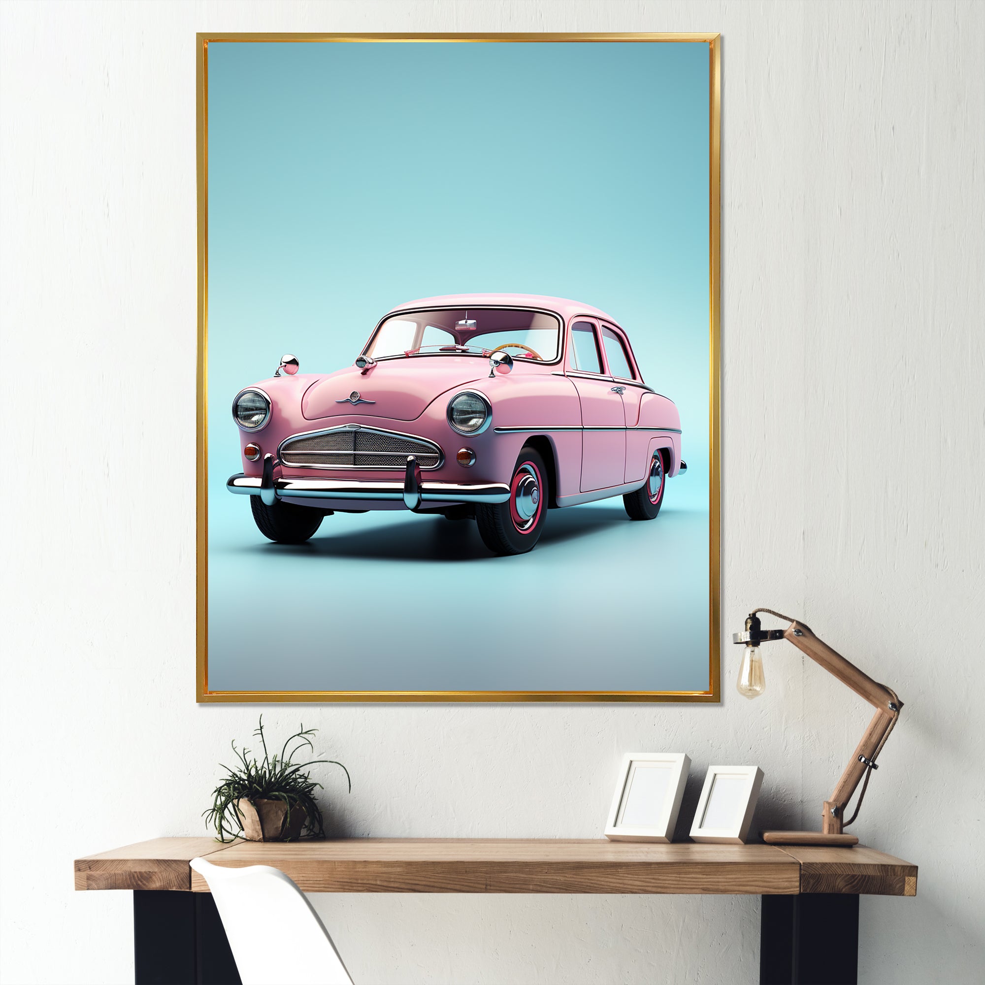 Poupart Pink And Blue 1950s Car - Car Vintage Canvas Wall Art