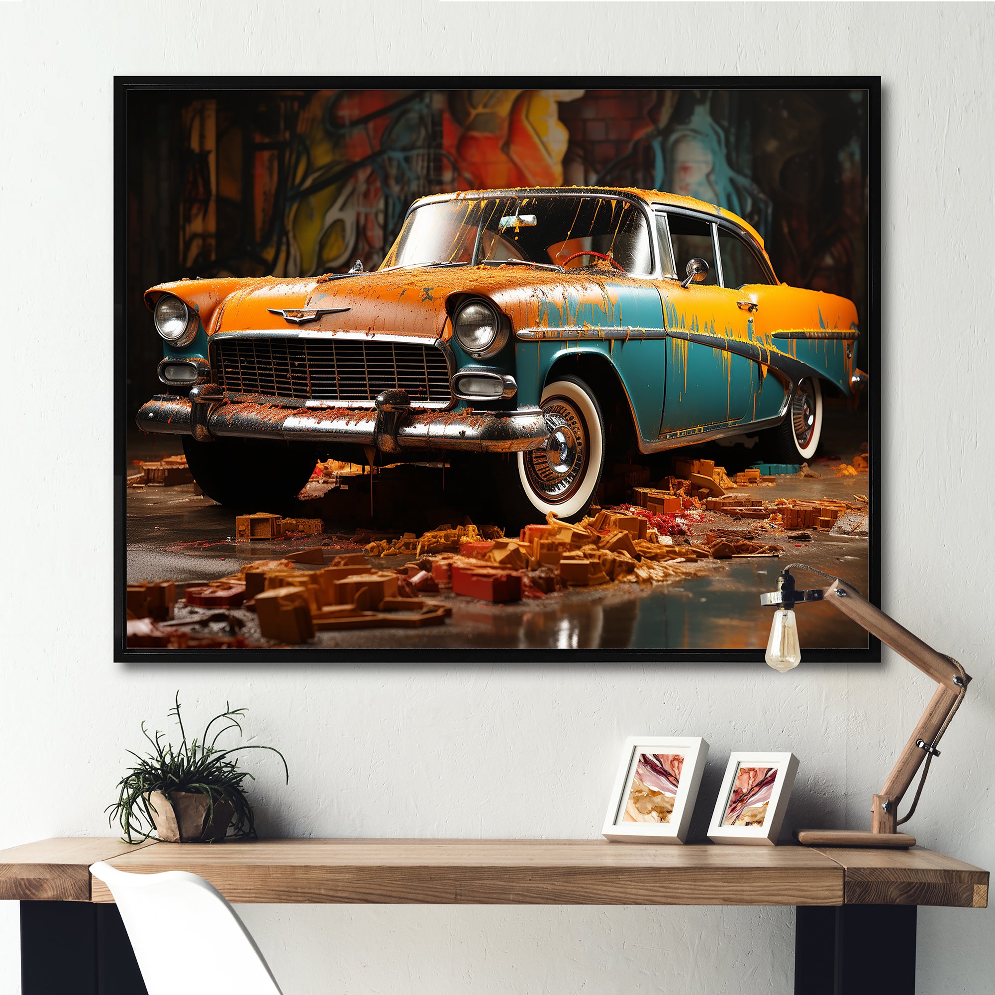 Green And Yellow Old American Car - Car Vintage Canvas Wall Art