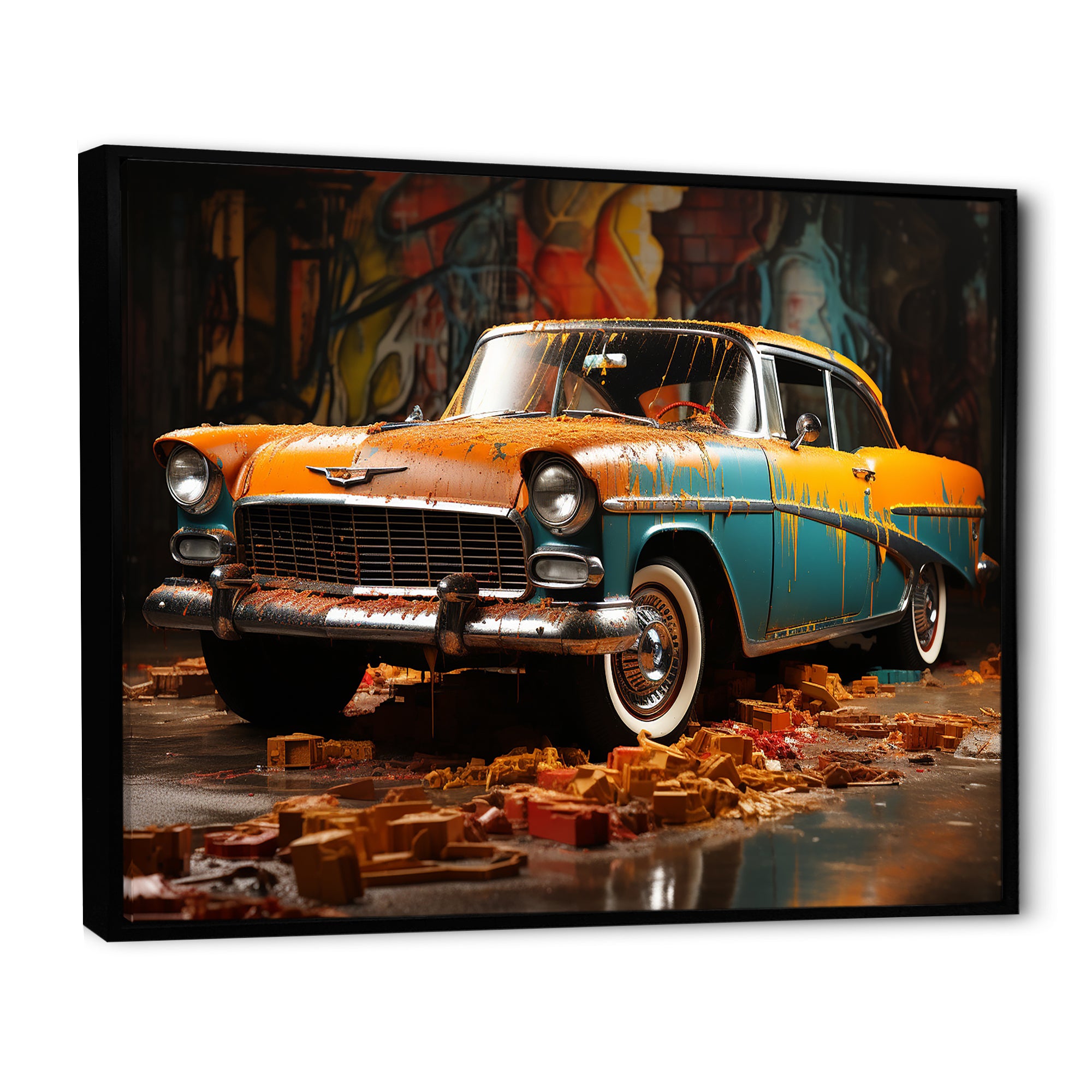 Green And Yellow Old American Car - Car Vintage Canvas Wall Art