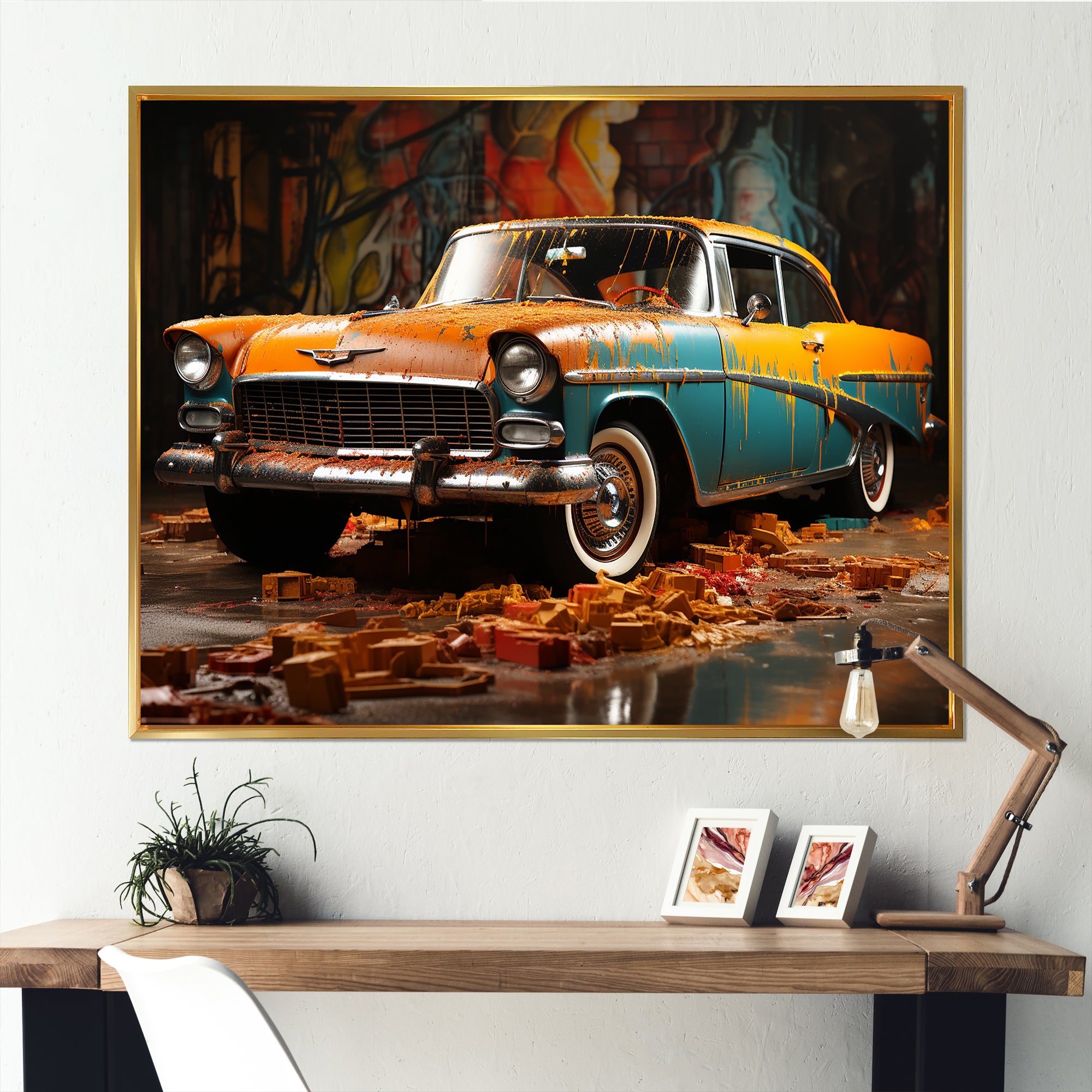 Green And Yellow Old American Car - Car Vintage Canvas Wall Art