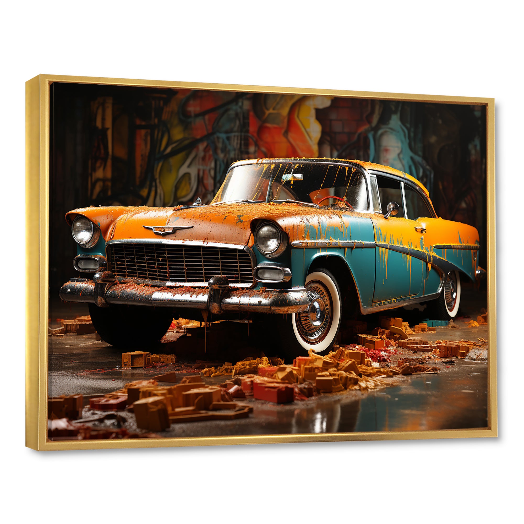 Green And Yellow Old American Car - Car Vintage Canvas Wall Art