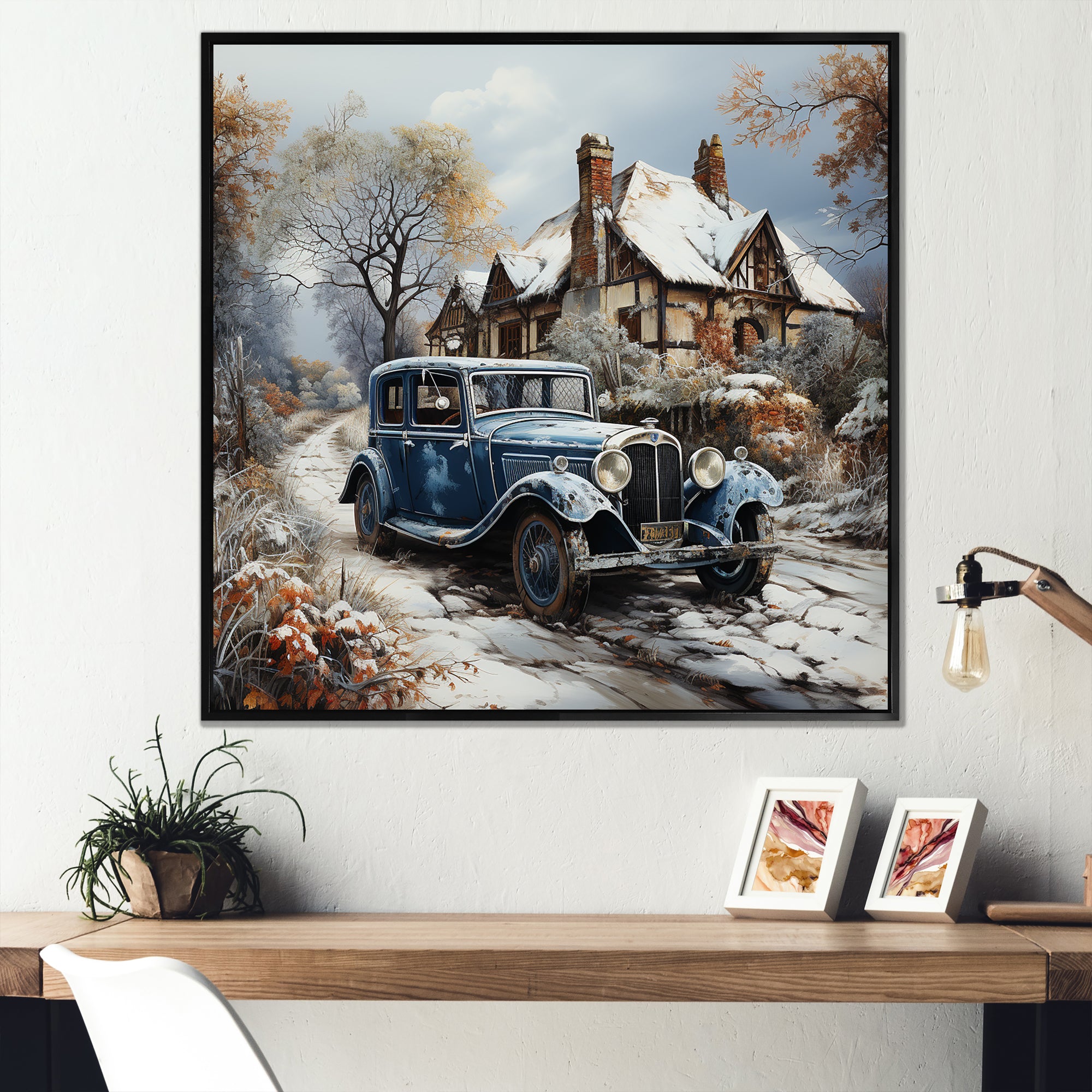 1930s Vintage Car Charm In Winter - Car Vintage Canvas Wall Art