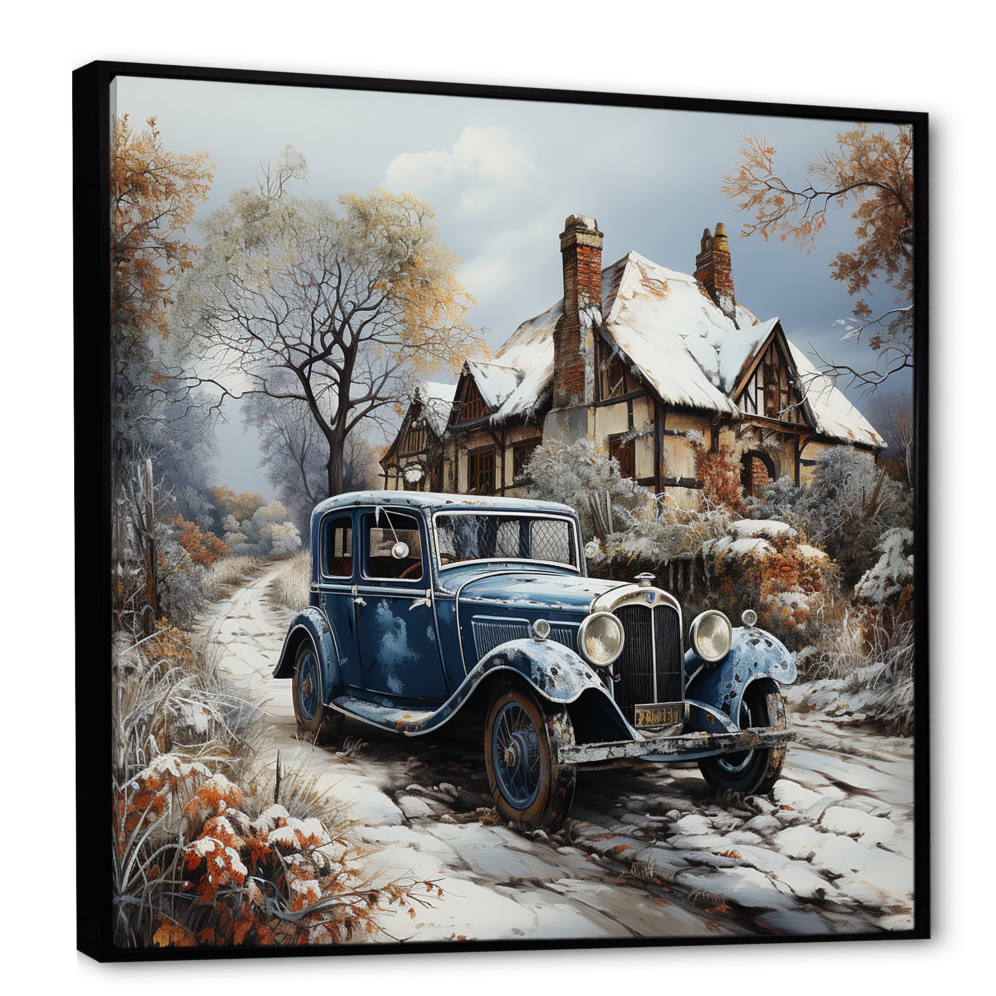 1930s Vintage Car Charm In Winter - Car Vintage Canvas Wall Art