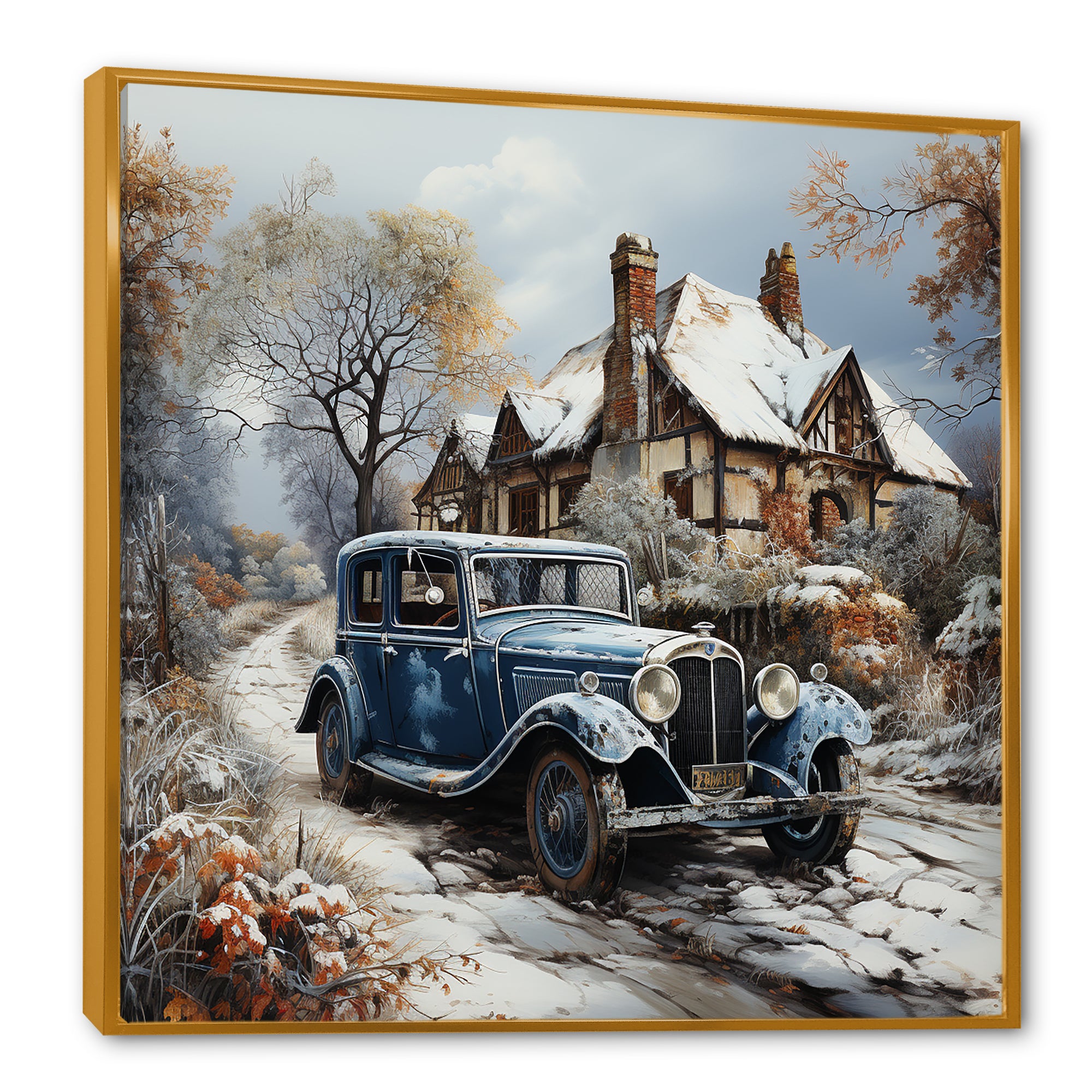 1930s Vintage Car Charm In Winter - Car Vintage Canvas Wall Art