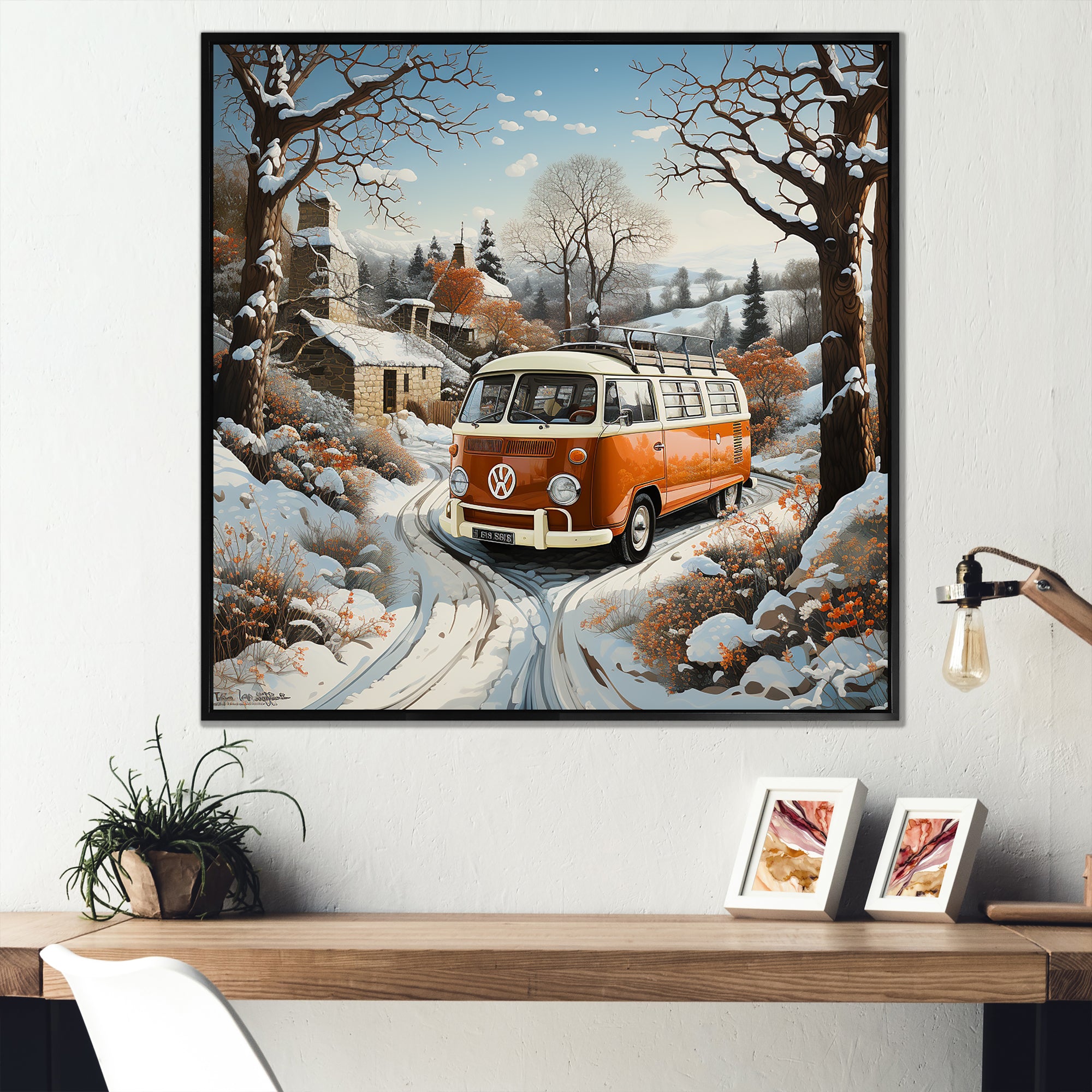 Hippie Van Charm In Winter - Car/Van Canvas Wall Art