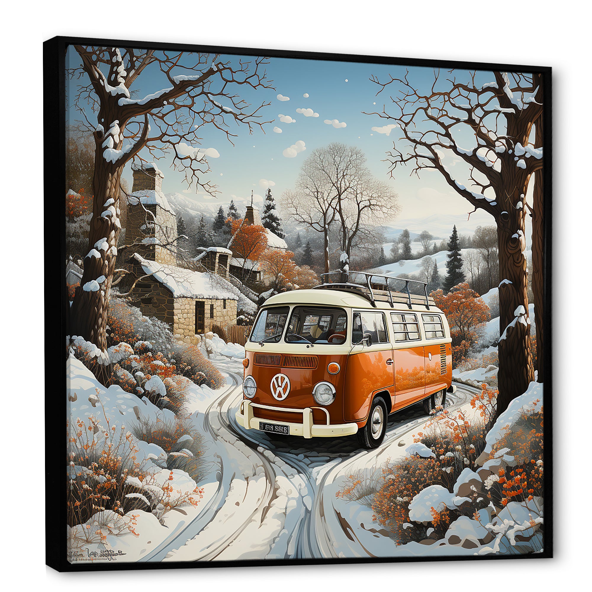 Hippie Van Charm In Winter - Car/Van Canvas Wall Art