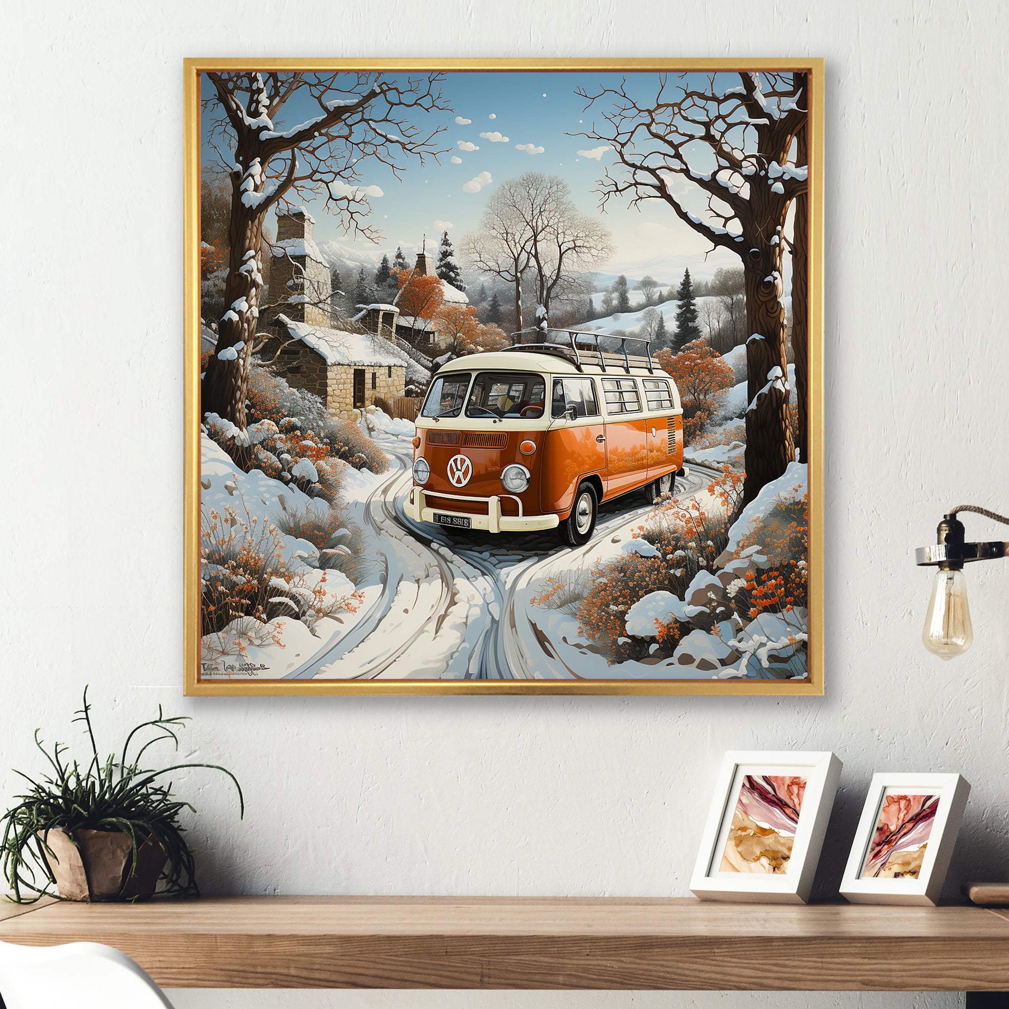 Hippie Van Charm In Winter - Car/Van Canvas Wall Art