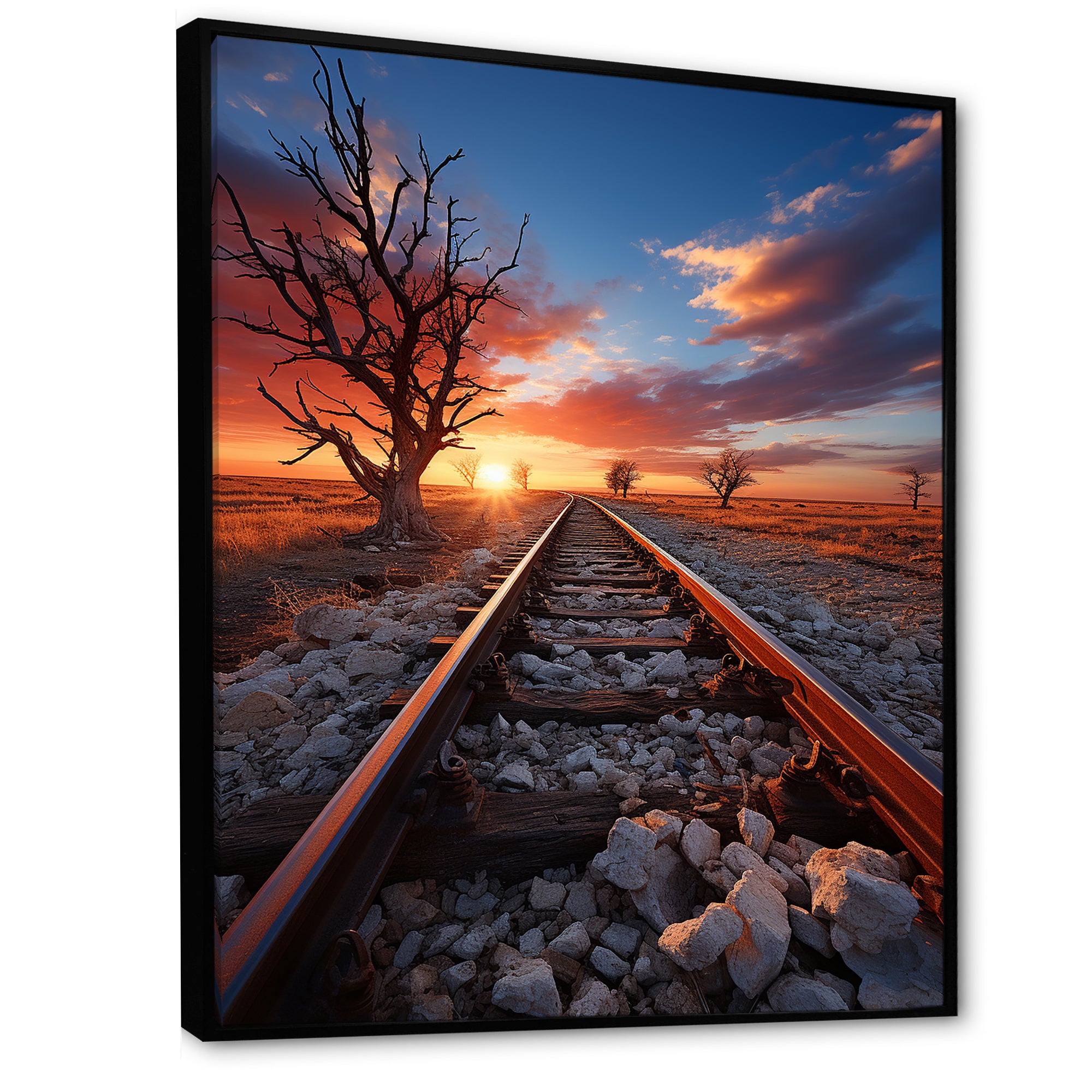 Railway Track In Sunset Landscape - Train Canvas Wall Art