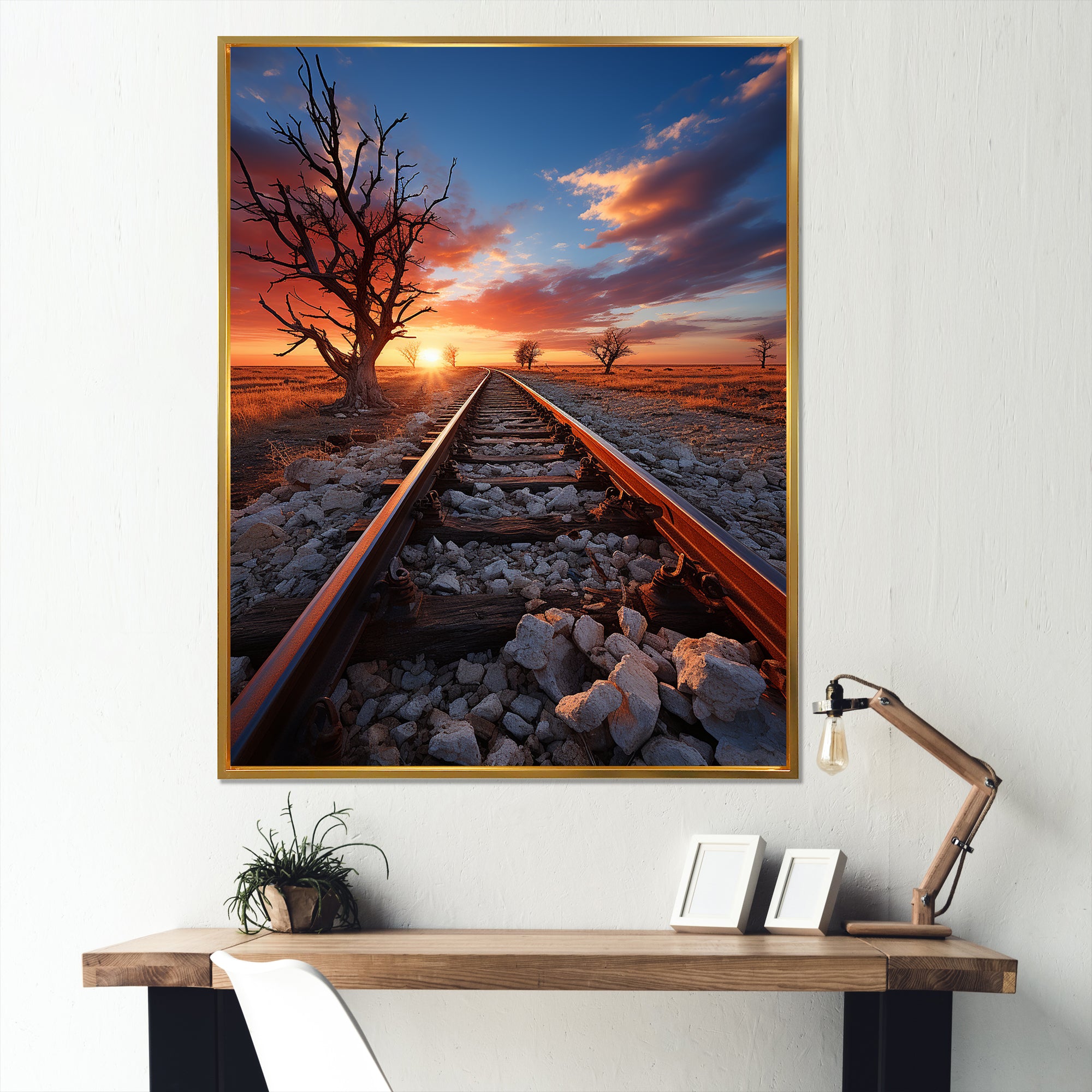 Railway Track In Sunset Landscape - Train Canvas Wall Art