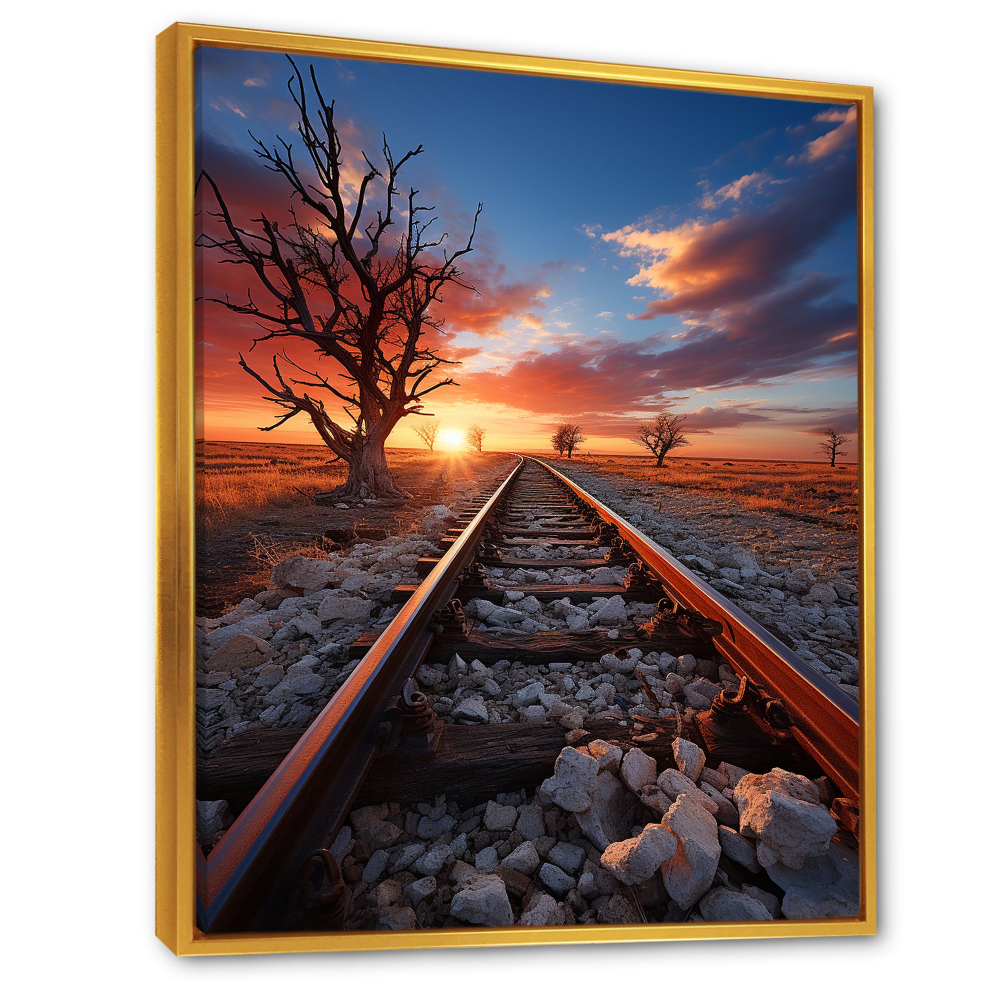 Railway Track In Sunset Landscape - Train Canvas Wall Art