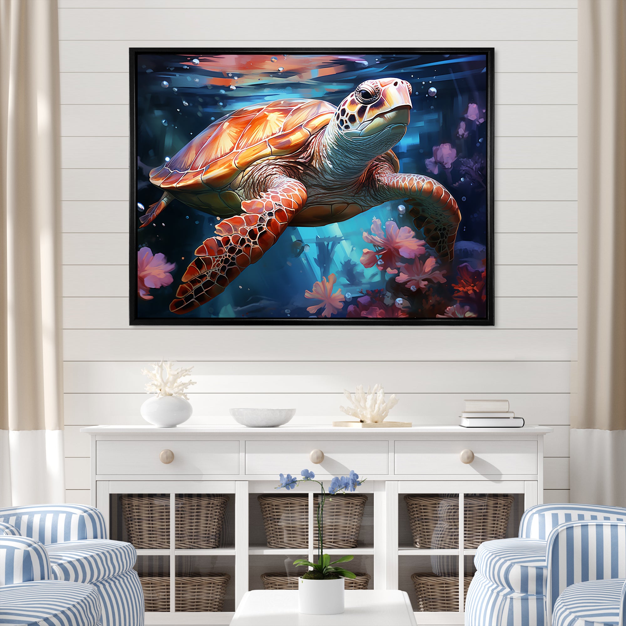 Oceanic Turtle Elegance - Coral Turtle Wall Art