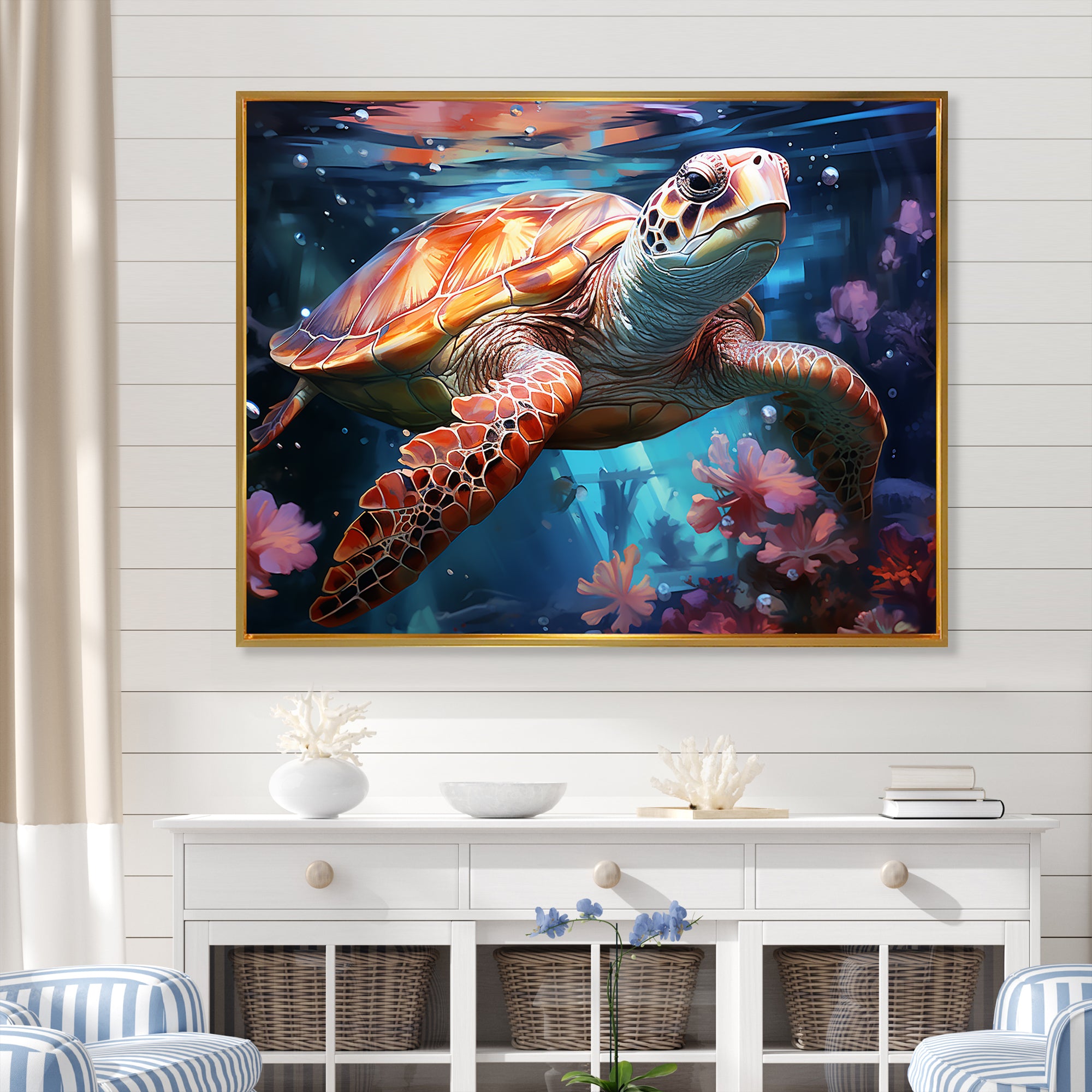 Oceanic Turtle Elegance - Coral Turtle Wall Art