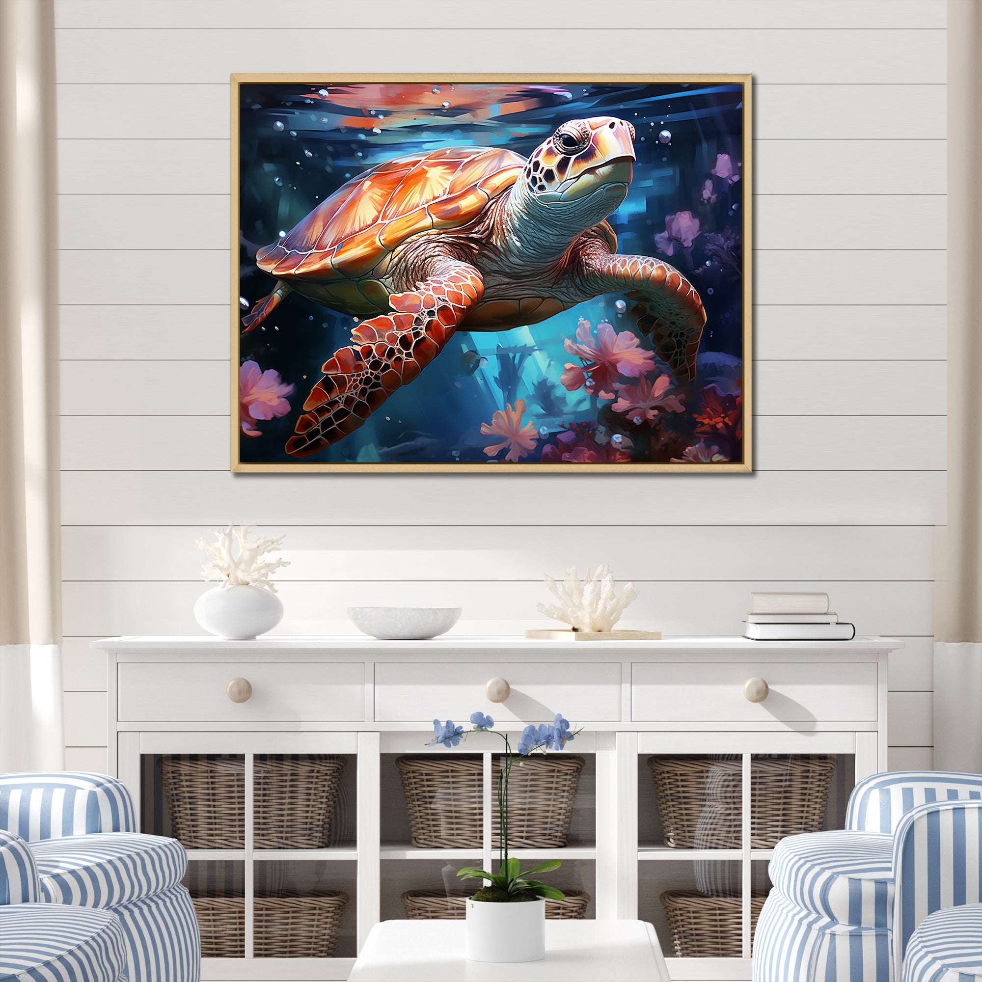 Oceanic Turtle Elegance - Coral Turtle Wall Art