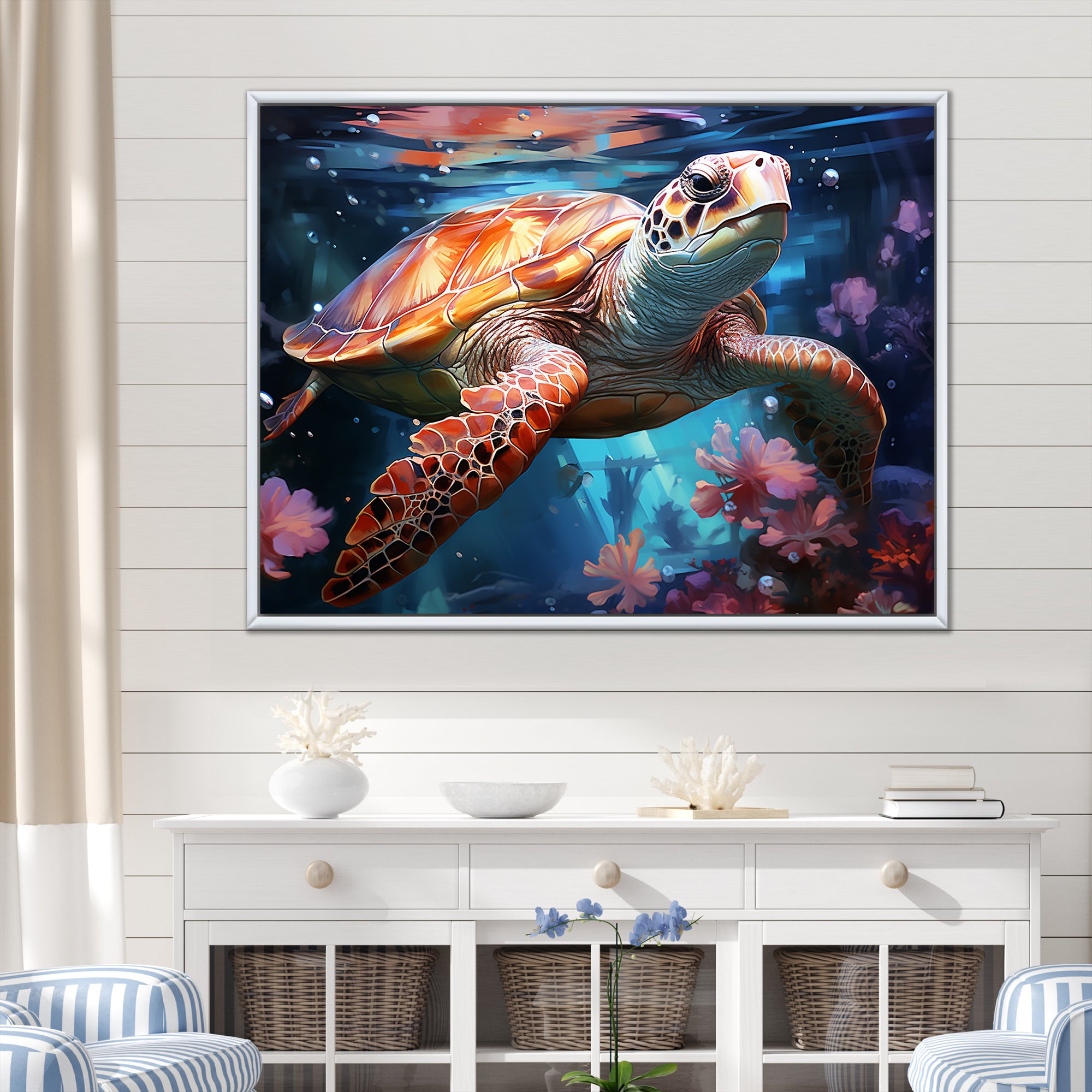 Oceanic Turtle Elegance - Coral Turtle Wall Art