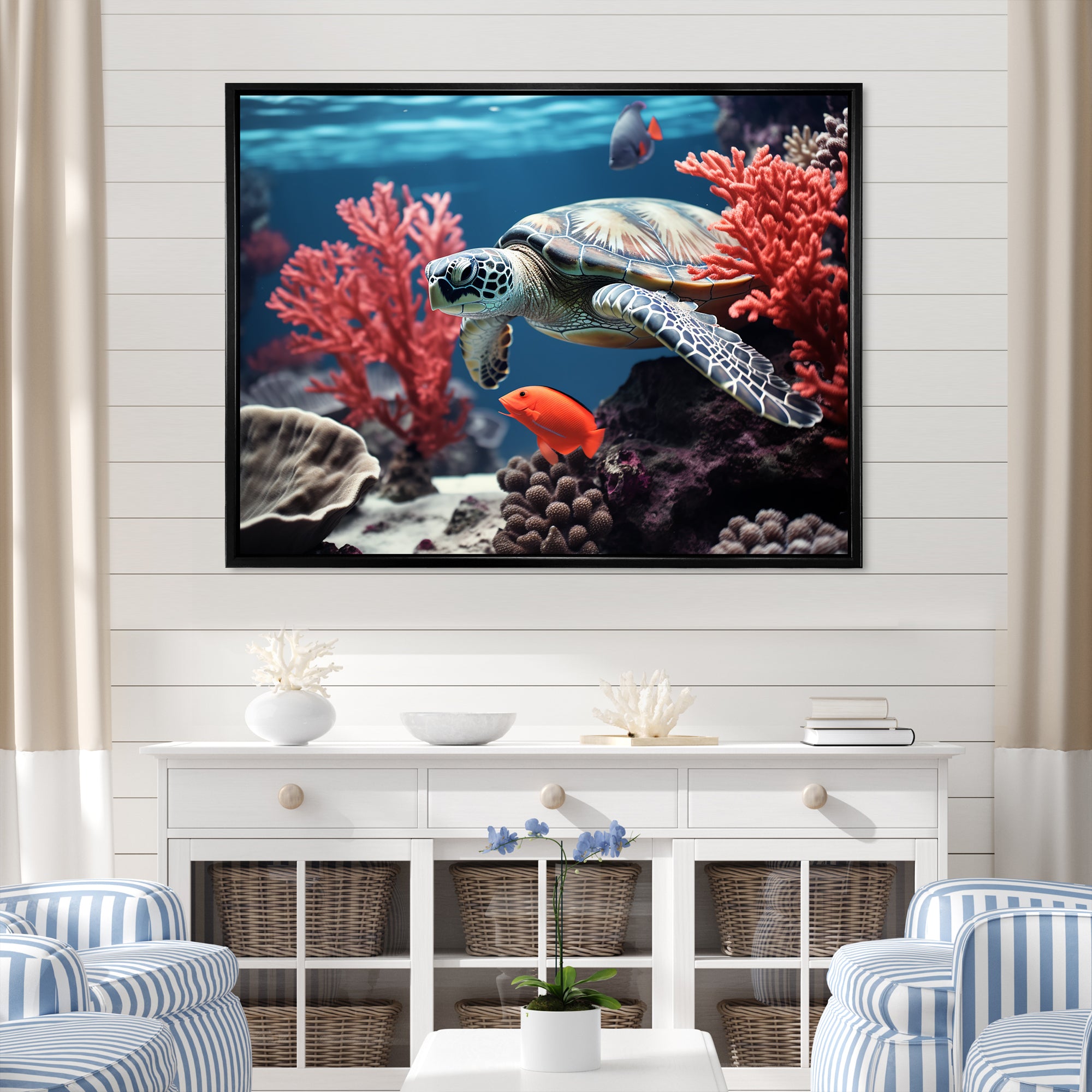 Monochrome Coral And Grey Turtle Paddle - Turtle Canvas Wall Art