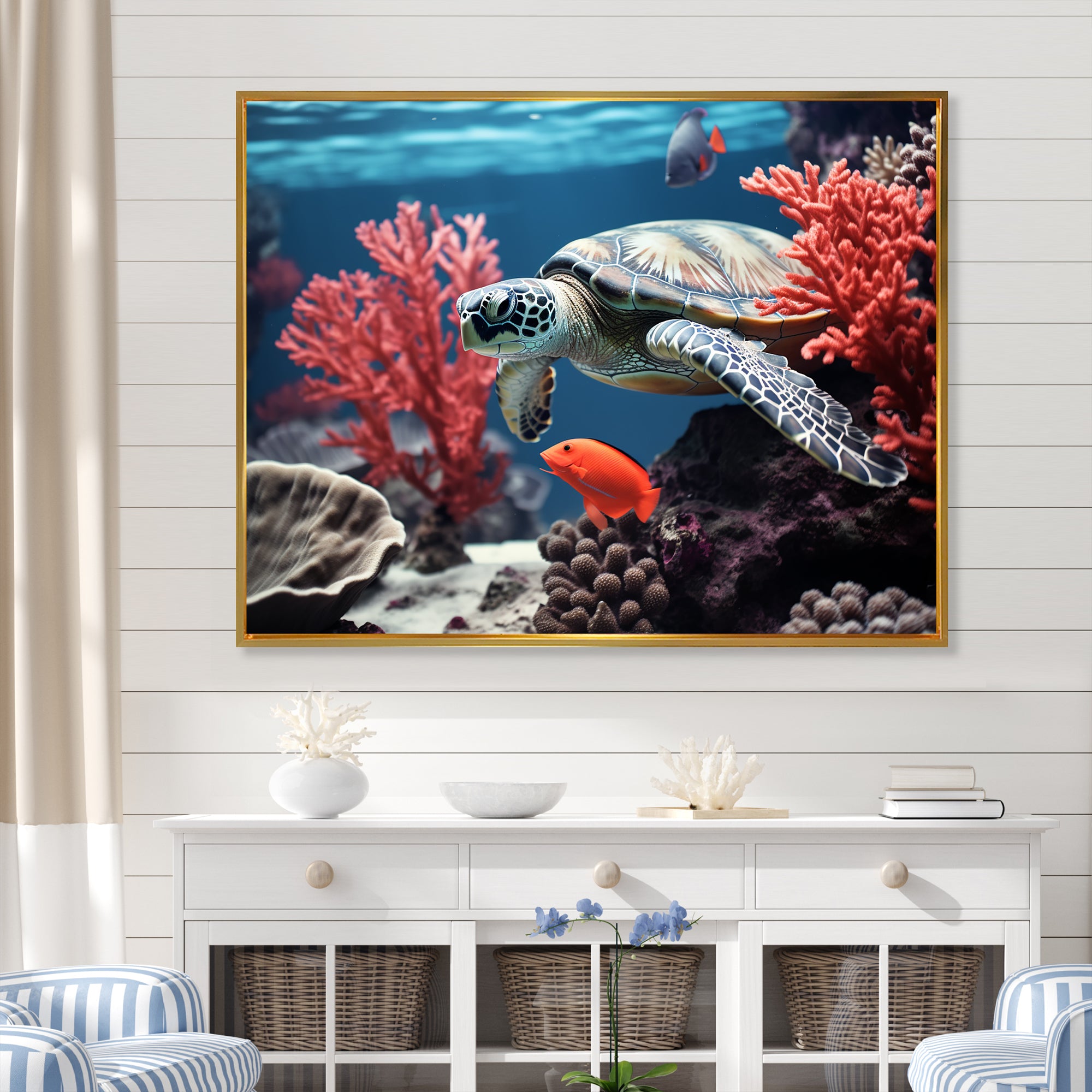 Monochrome Coral And Grey Turtle Paddle - Turtle Canvas Wall Art