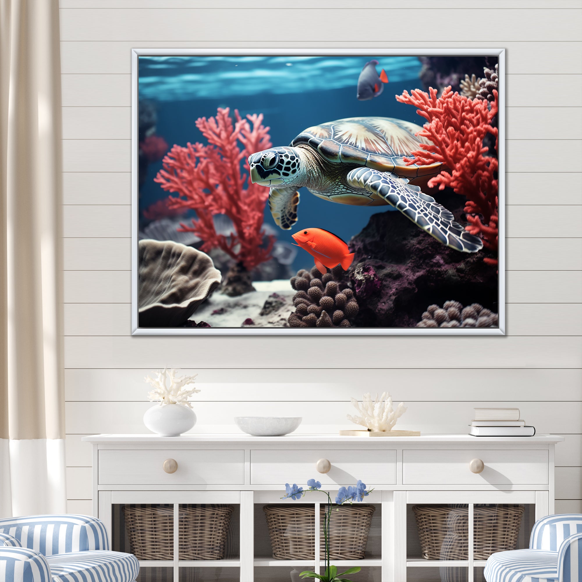 Monochrome Coral And Grey Turtle Paddle - Turtle Canvas Wall Art